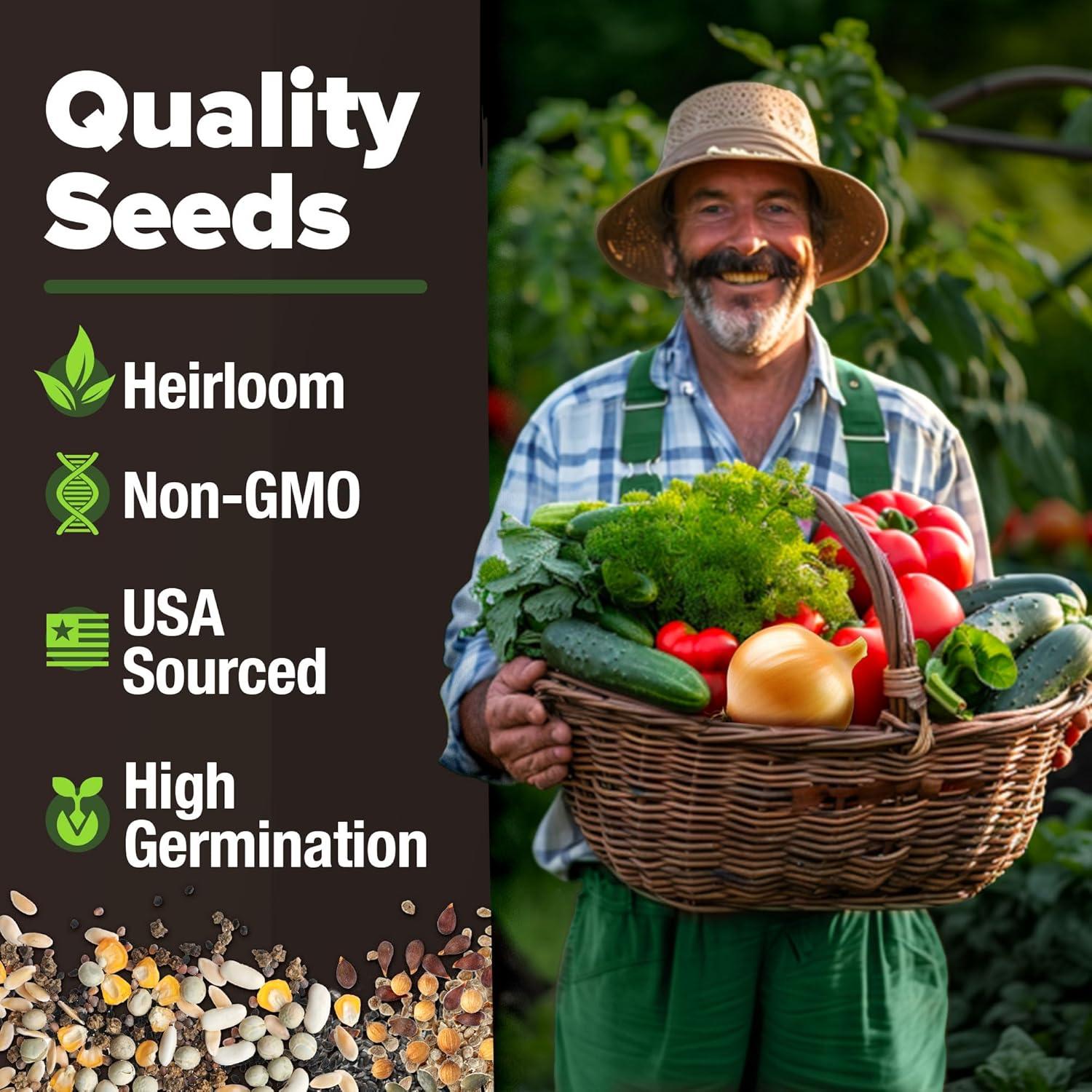 Heirloom Vegetable Seeds -10 Variety - Non GMO Vegetable Seeds For Planting Indoor or Outdoors, Brussel Sprouts, Carrots, Peppers, Cucumber, Kale, Romain, Peas, Radish, Tomato Seed - Home Garden Seeds