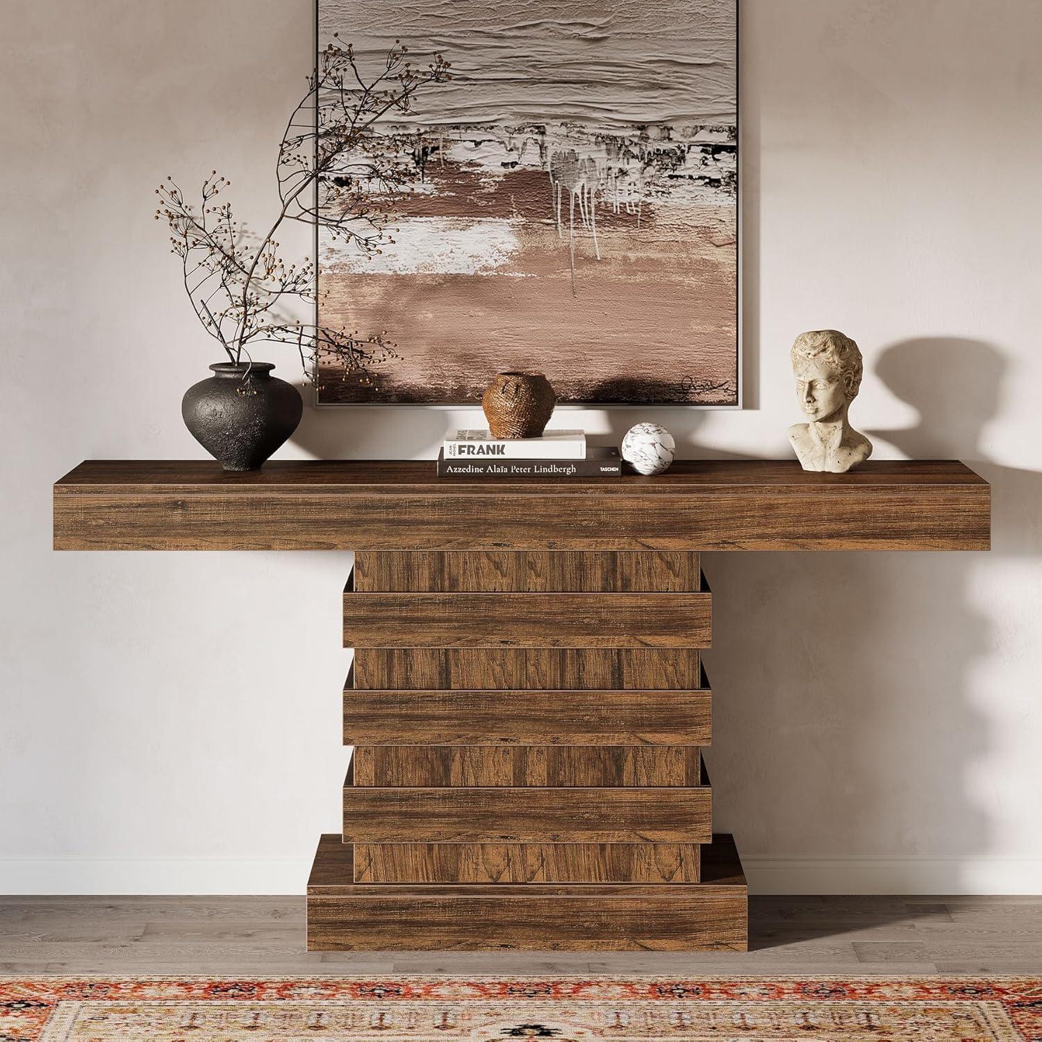 Rustic Brown 63-Inch Wooden Console Table with Storage