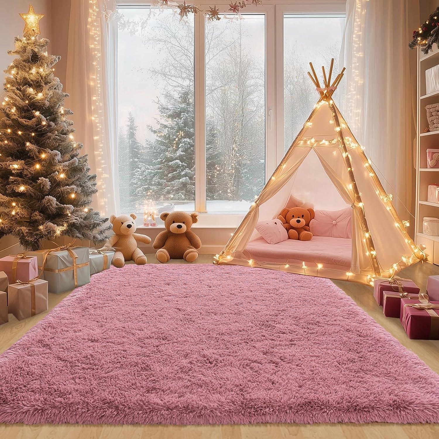 Large Shag Rug 6 x 9 for Living Room, Fluffy Blush Pink Area Rug for Girls Kids Bedroom, Soft Fuzzy Plush Throw Carpet, Non Slip Modern Indoor Shaggy Rug for Home Decor Aesthetic