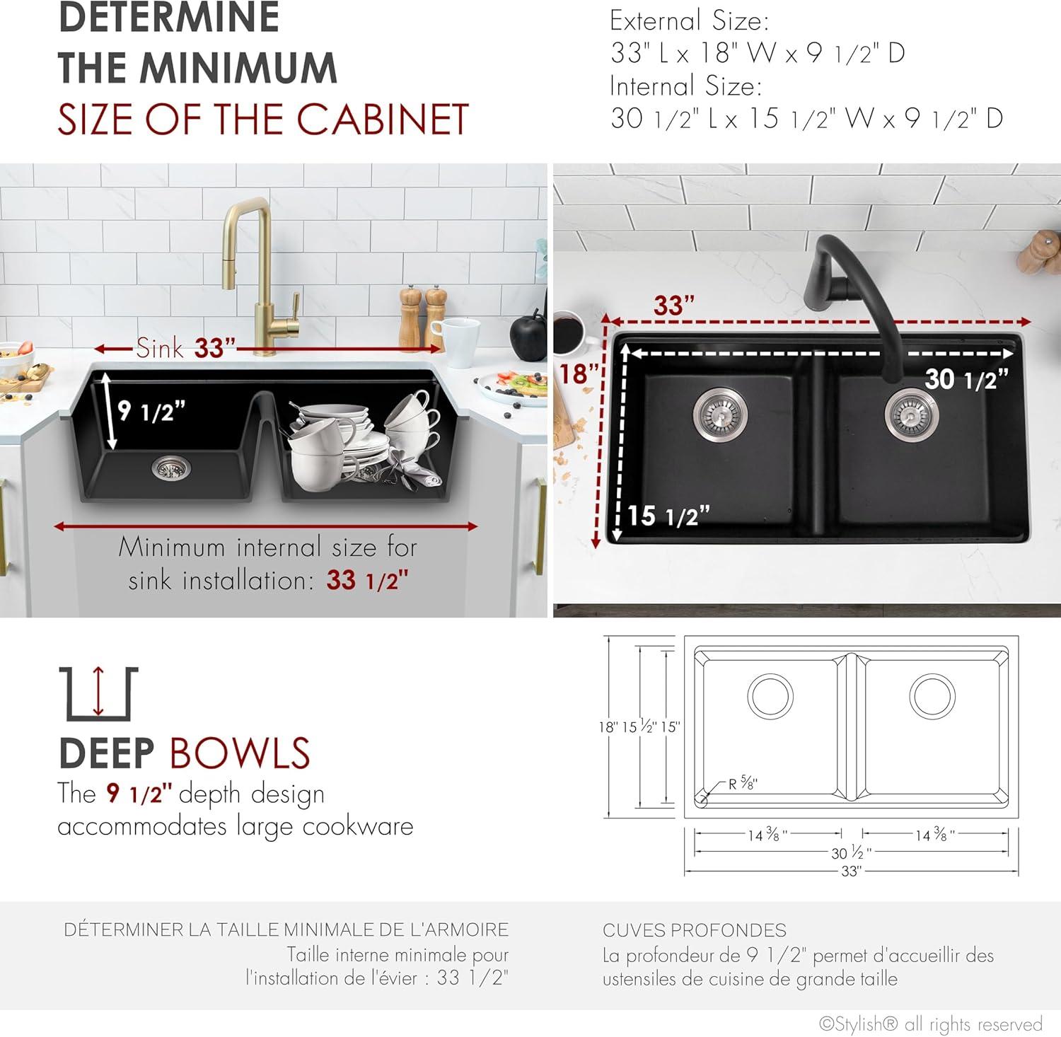Stylish Pietra Dual-Mount 33" Composite Granite Double Bowl Kitchen Sink