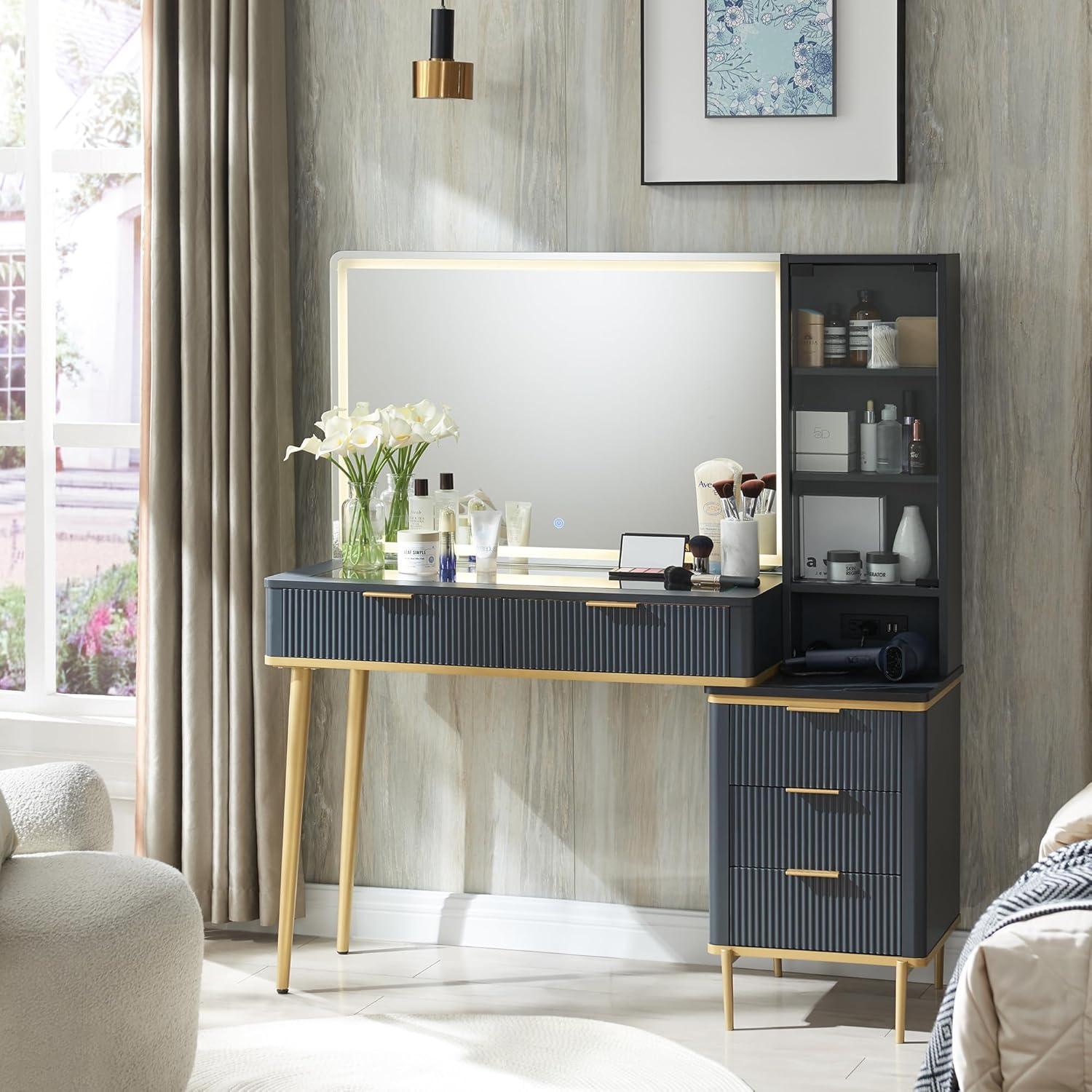 Fluted Makeup Vanity Tables with 36" HD Lighted Mirror, 48" Big Modern Vanity Desk with Glass Top & 5 Drawers & Shelves, Dressing Table, Dark Gray
