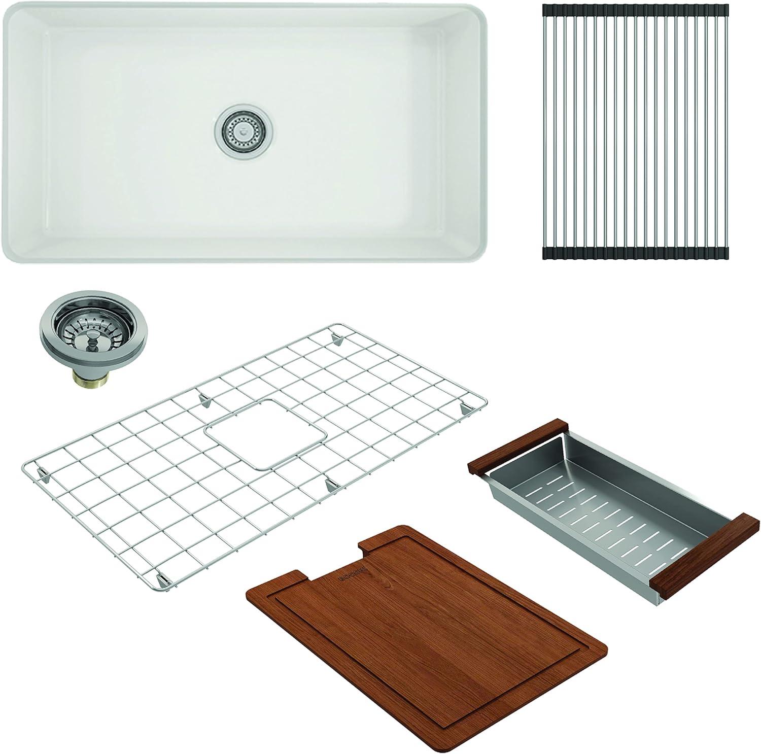 White Fireclay Farmhouse Drop-in Single Bowl Kitchen Sink Kit