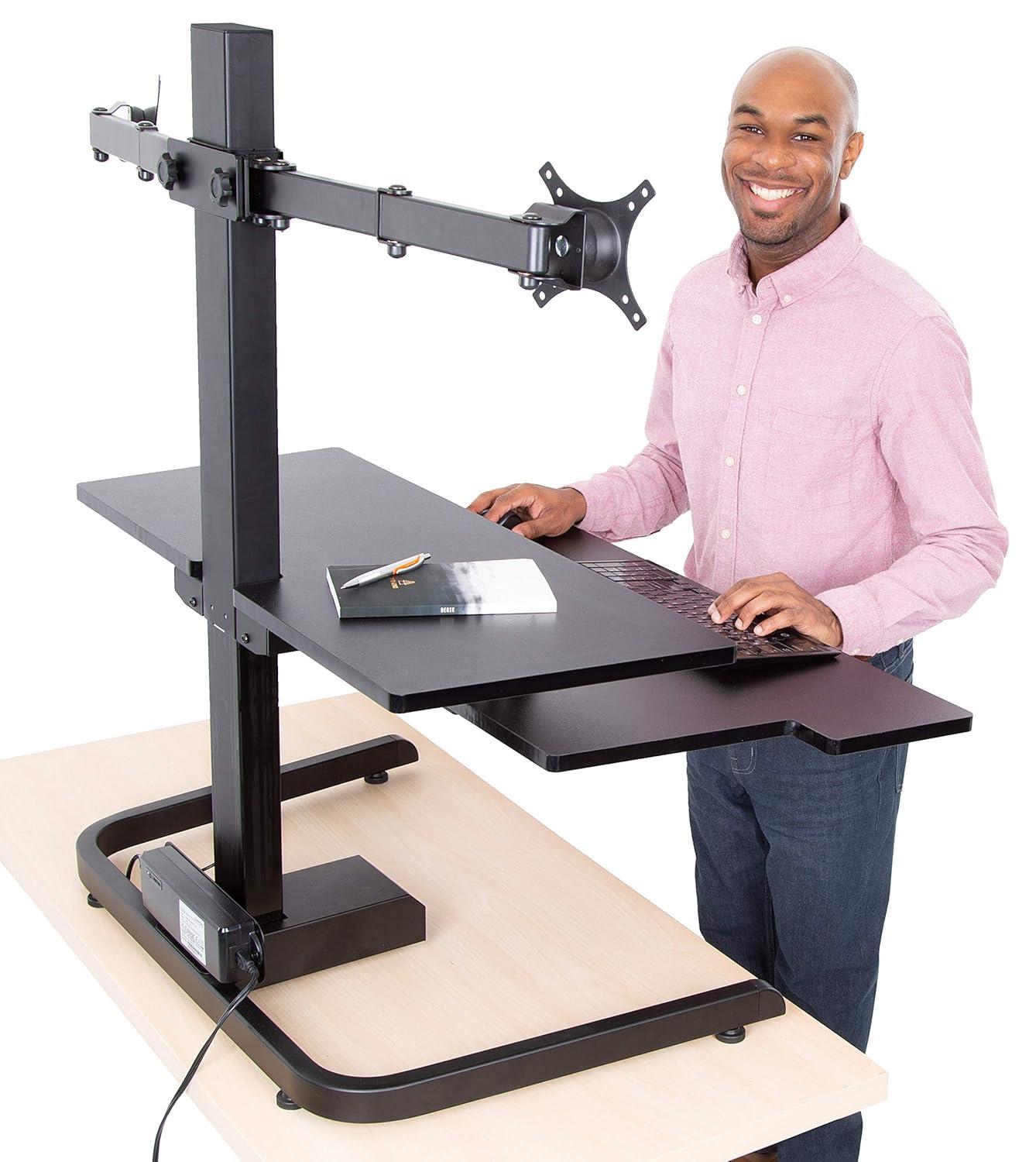 Techtonic Electric 3 Arm Monitor Mount Standing Desk - Sit to Stand Desk Converter with Keyboard Tray – Black – Stand Steady