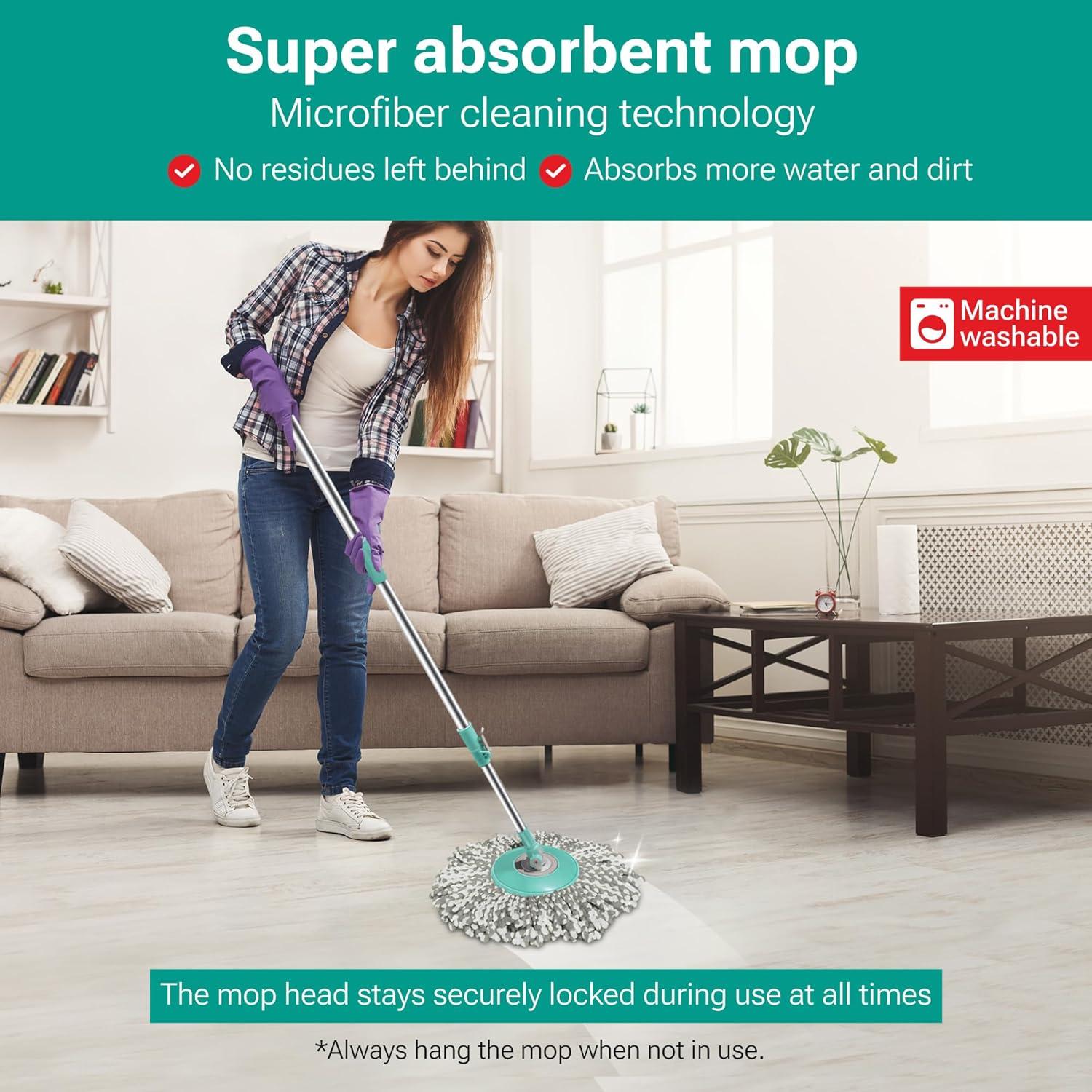 Spotzero Mop and Bucket with Wringer Set for Home, 360º Spin Mop and Bucket System with Microﬁber Technology, Height Adjustable Handle,