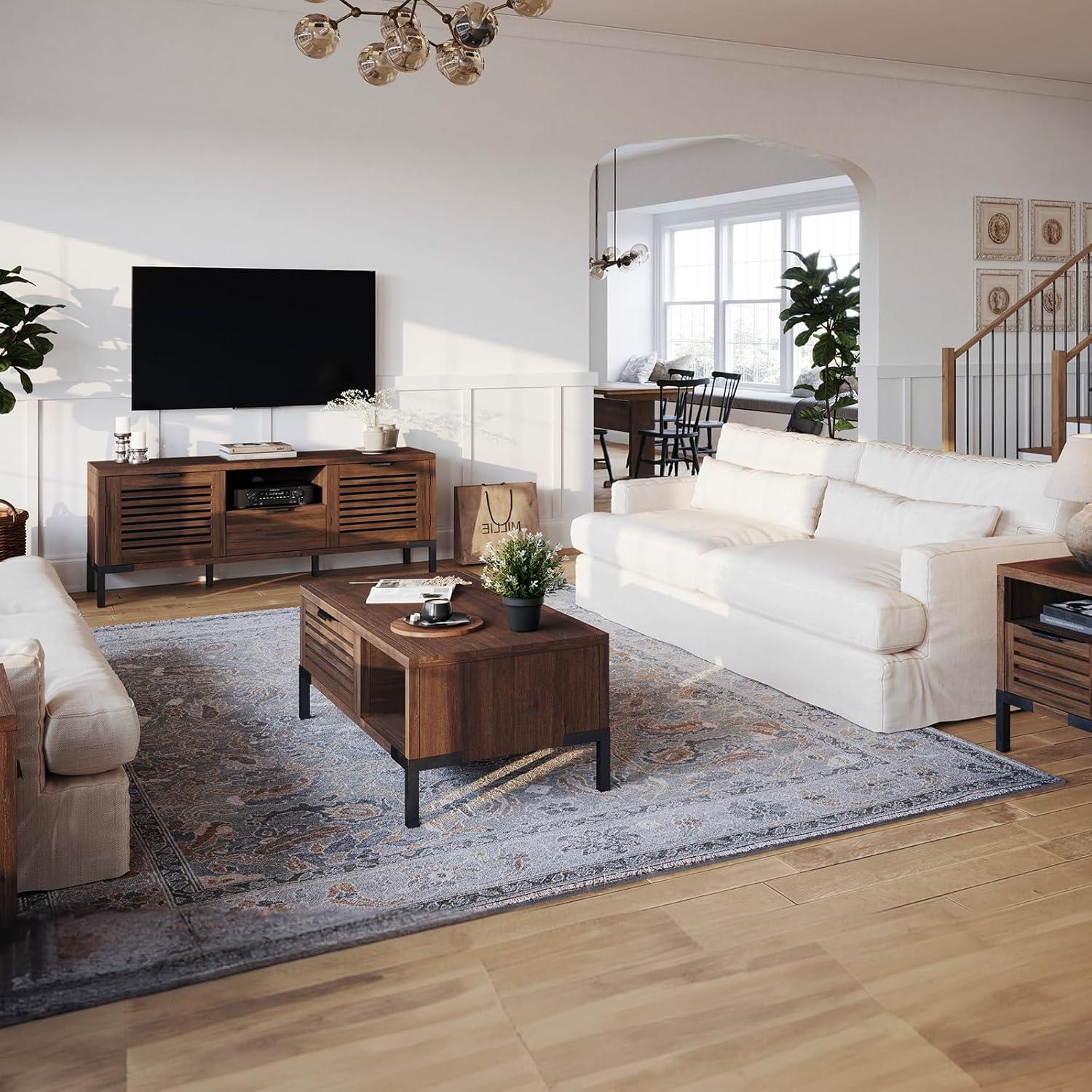 Bme Millie Solid Wood Coffee Tables, Industrial Modern Living Room Center Desk with 2 Storage Drawers & Assembly Under 5 Minutes, Rustic Chestnut