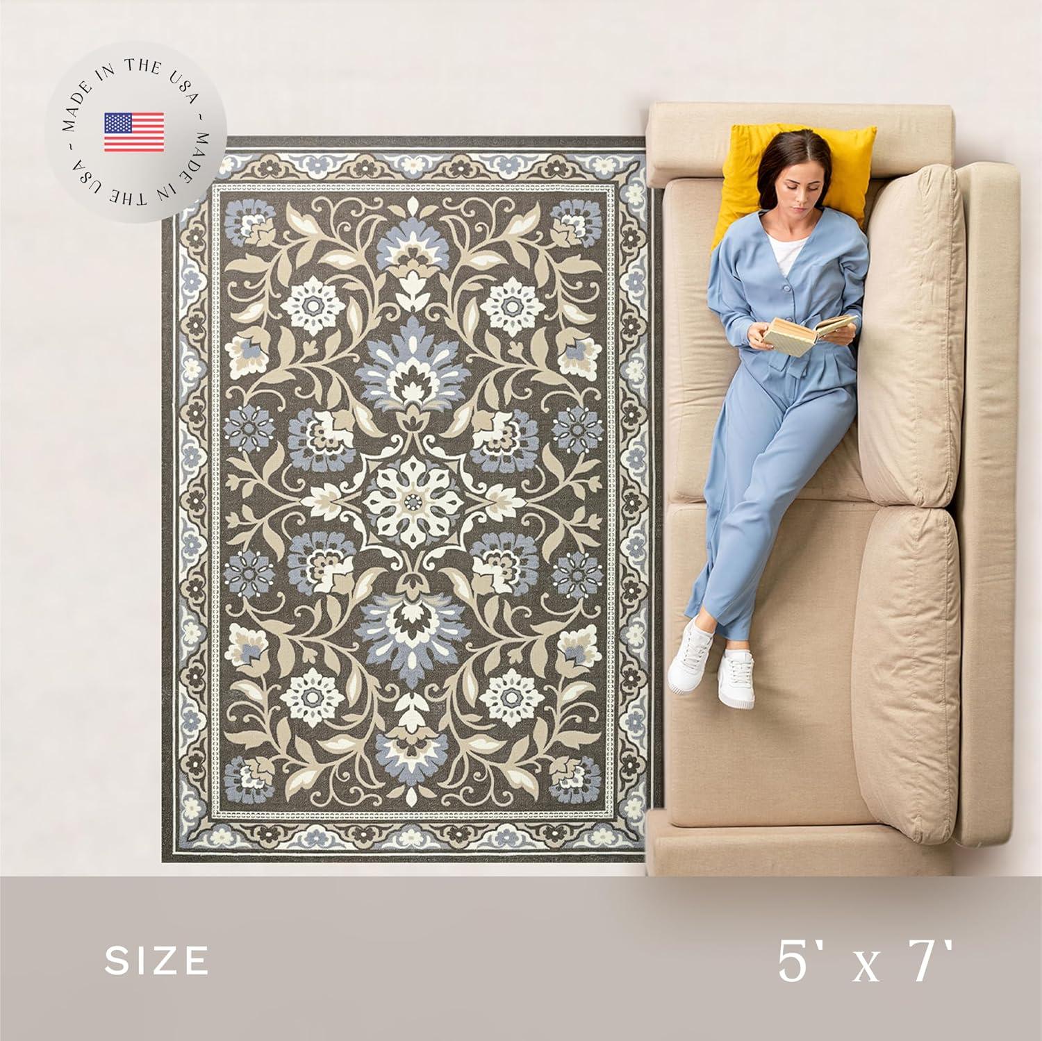 Gray Floral Tufted Non-Slip 5' x 7' Area Rug