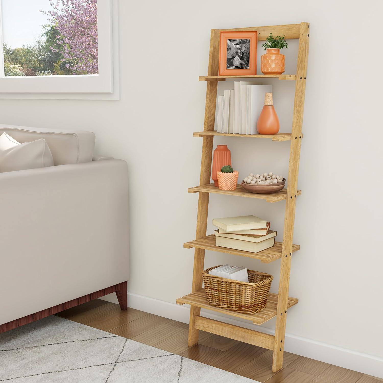 L5-Tier Ladder Shelf – Leaning Book Case – Bookshelf for Bedroom, Living Room, or Kitchen Shelving – Home Décor by Lavish Home (Oak)