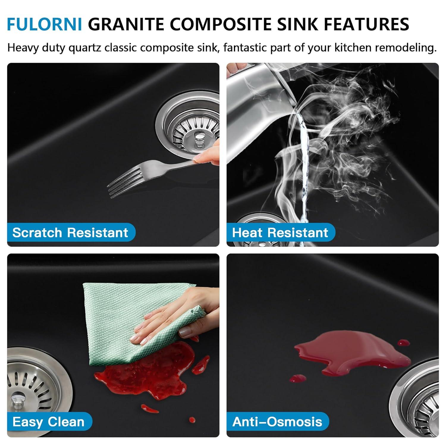 Quartz Kitchen Sink - 25X22" Black Granite Composite Drop In Kitchen Sink