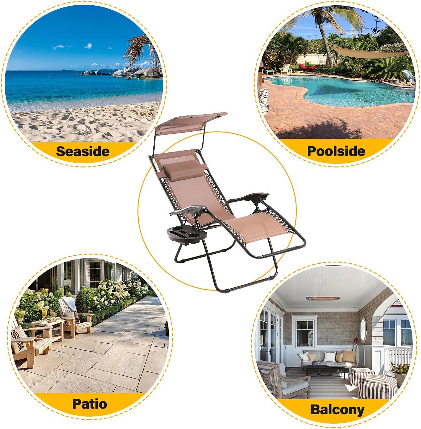 BestMassage Patio Chairs Lounge Chair Zero Gravity Chair 2 Pack Recliner W/Folding Canopy Shade and Cup Holder for Outdoor Funiture