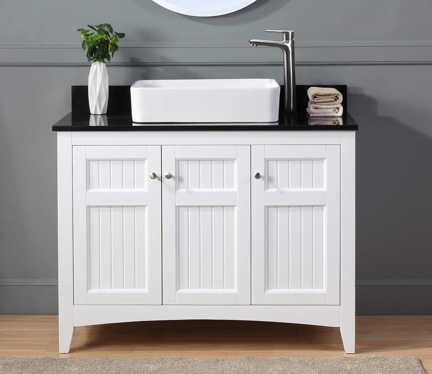 42" White Wood Freestanding Bathroom Vanity with Black Granite Top