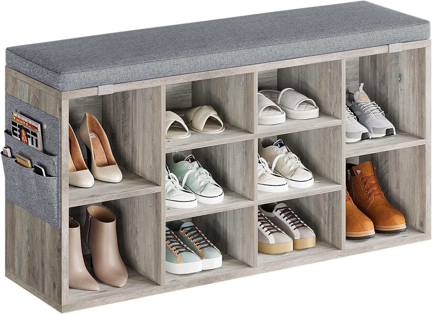 Gray Wood Shoe Storage Bench with Cushion and Adjustable Shelves