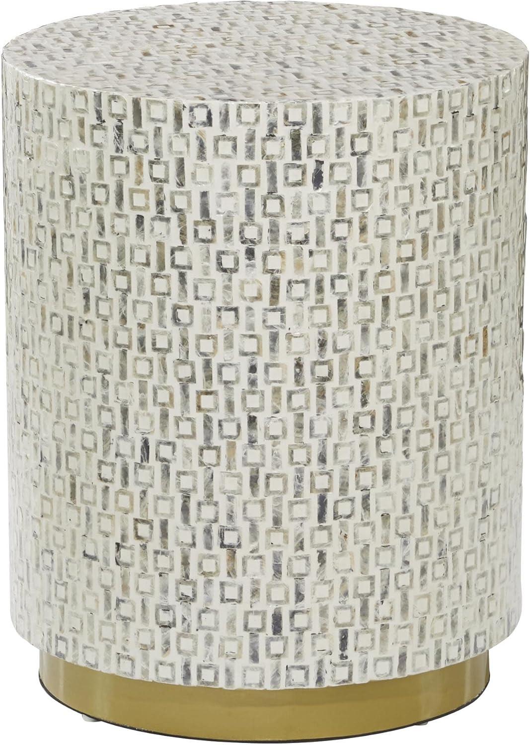 DecMode 18" x 22" White Mother of Pearl Accent Table with Gold Base and Geometric Patterns, 1-Piece