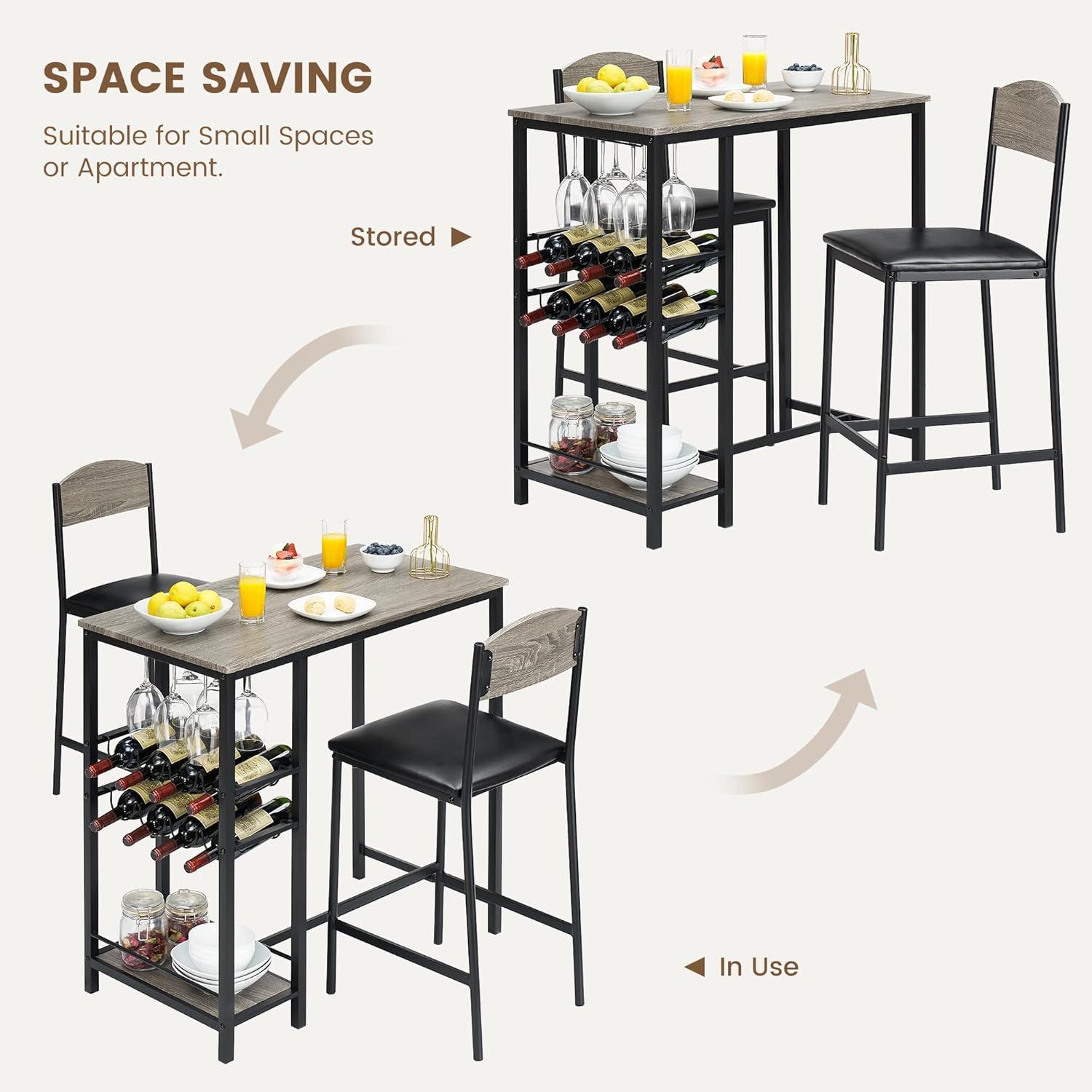 Bar Table Set for 2 with Footrest, Kitchen Dining Table with 2 Upholstered Chairs, Small Space Counter Height Barstools for Counter Bar, Sturdy and Durable, Easy to Assemble, Gray