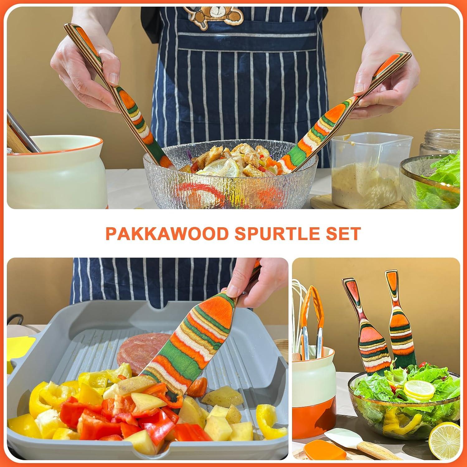 8PCS Pakkawood Spurtle Set,Spurtles Kitchen Tools,Silicone Cooking Utensil Set,Natural wooden Handle silicone Cooking Utensils Set,Heat Resistant, Nonstick Cookware