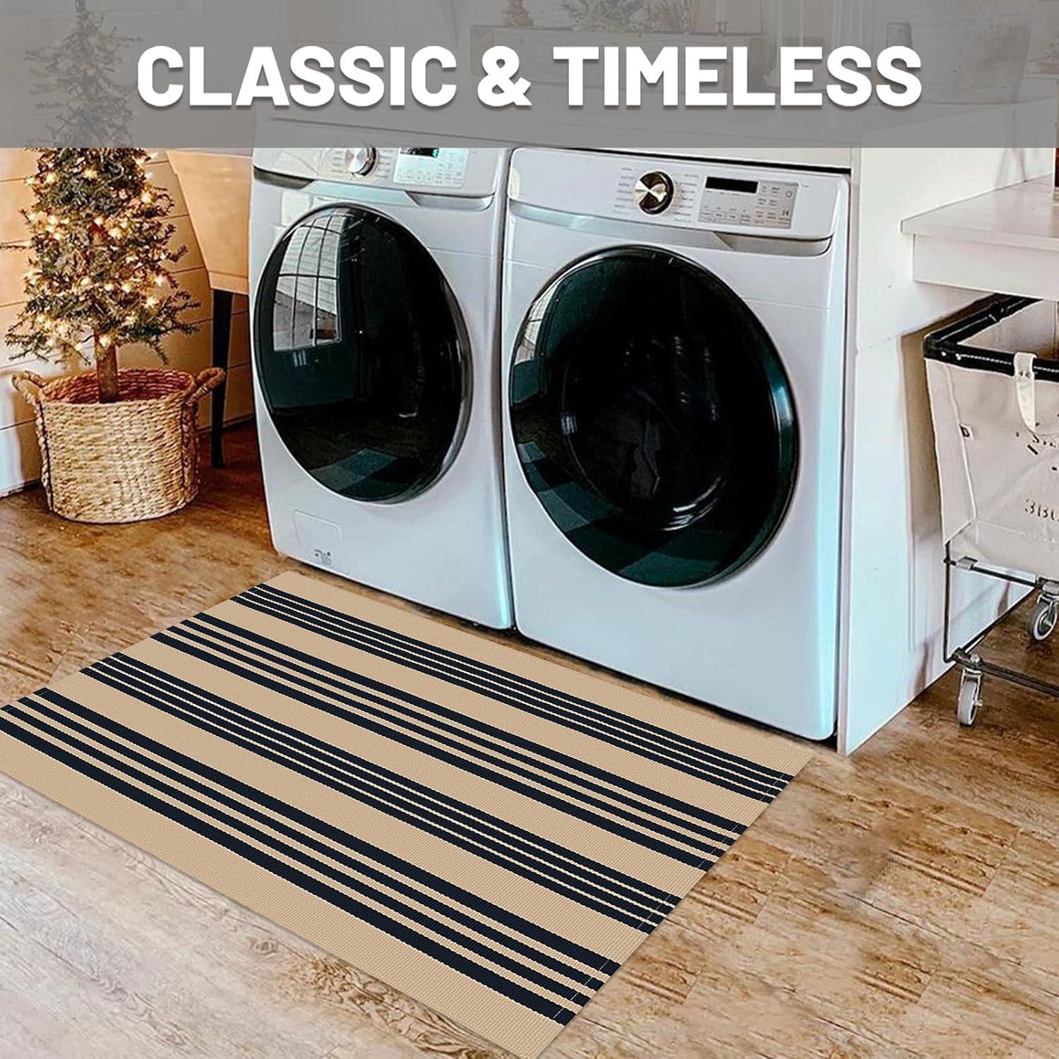 IOHOUZE Navy and White Striped Rug 2'x3' Front Door Rugs, Small Washable Area Rug for Front Porch, Spring Summer Doormats Outdoor Indoor, Cotton Rugs for Entryway Porch Entrance