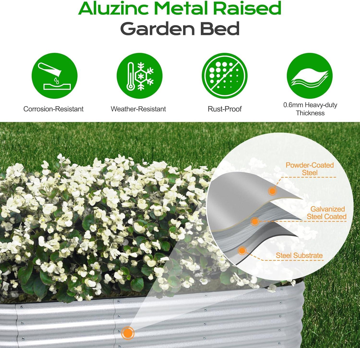 Aoodor 6-in-1 Modular Aluzinc Metal Raised Garden Bed - Outdoor Garden Planter Box for Vegetable, Flower, Herb - Silver (67''L x 47''W x 17''H)