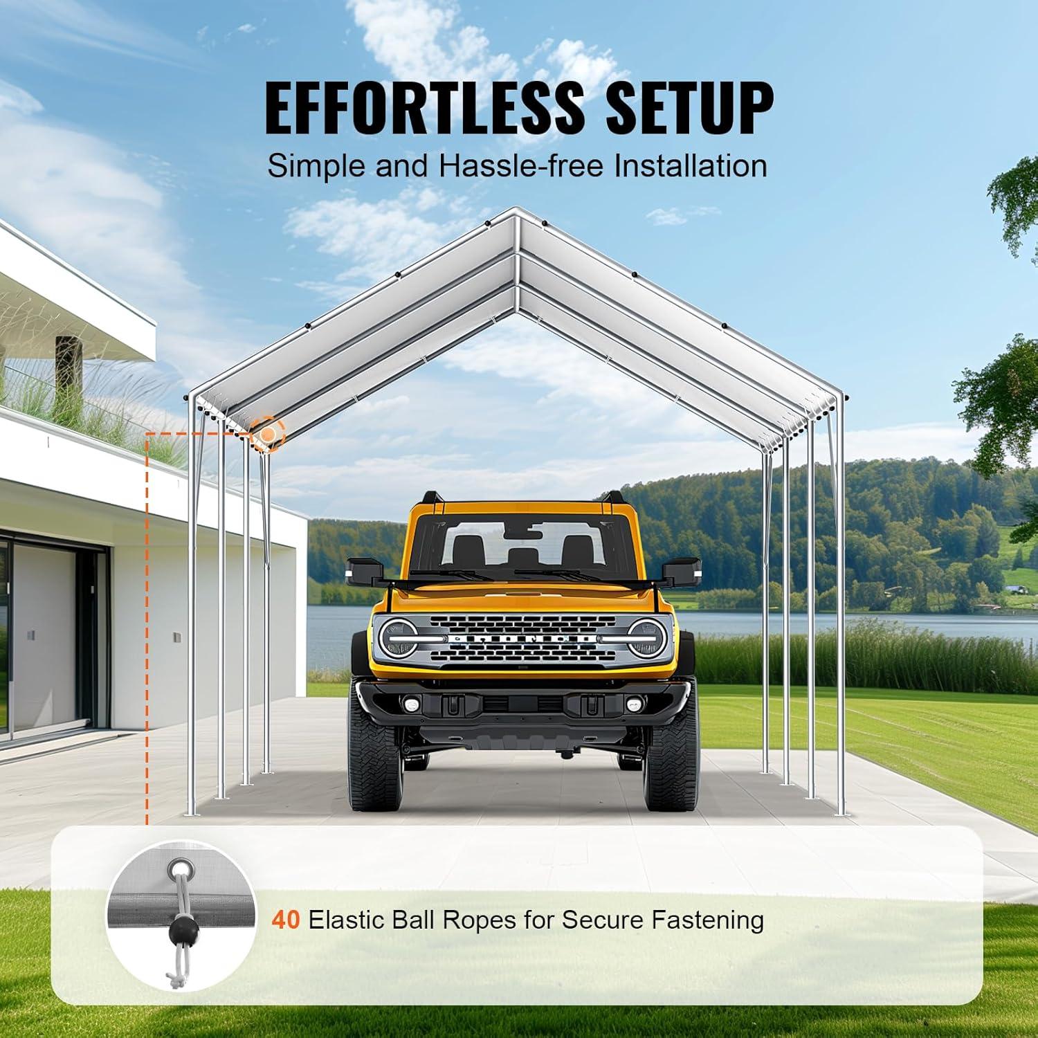 VEVOR 10 x 20 ft Carport Replacement Canopy Cover, Heavy-Duty Waterproof & UV Protected Shelter Tarp, Easy Installation with 40 Ball Bungees (Top Cover Only, Frame Not Included) - White