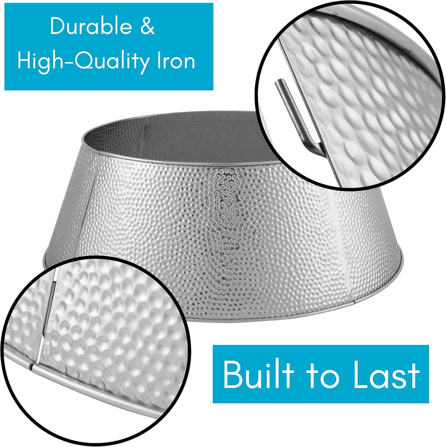 BIRDROCK HOME 4-Panel Christmas Tree Collar - Silver - Hammered