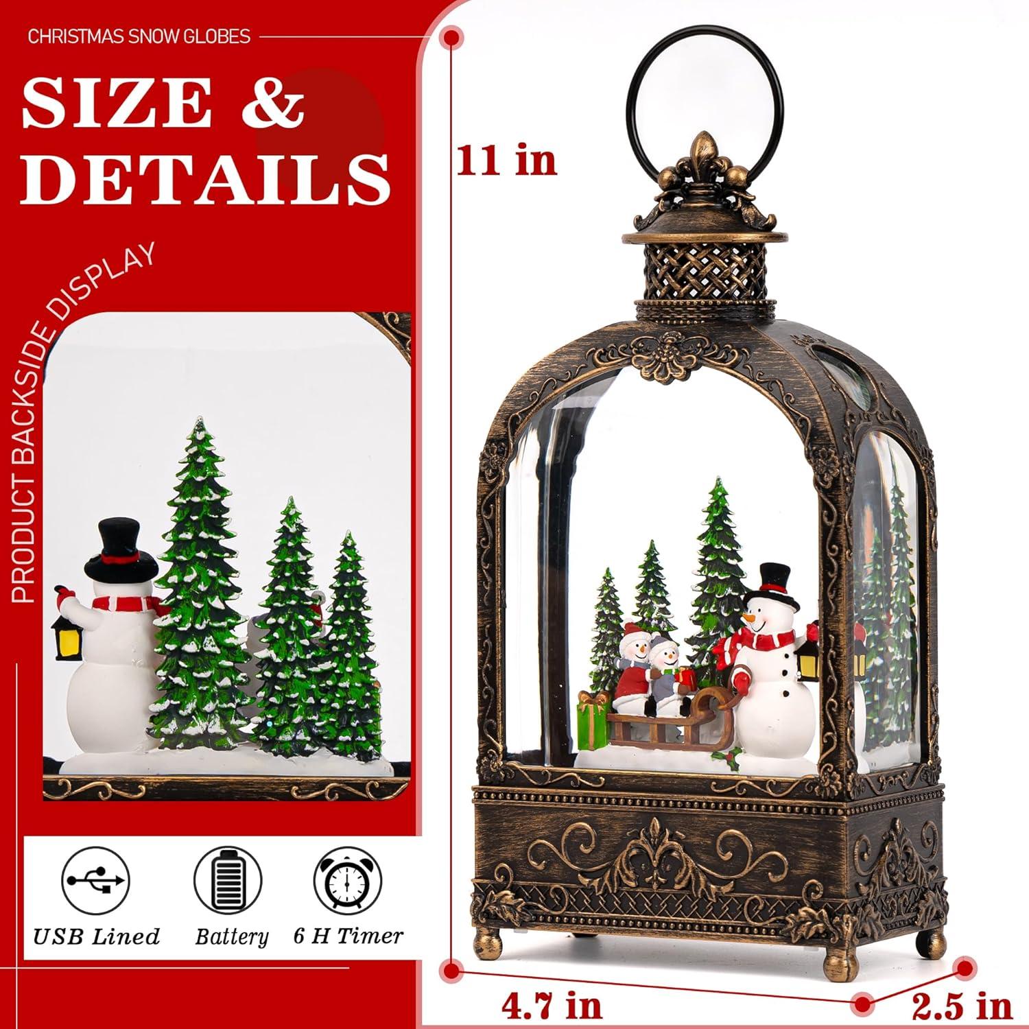 Christmas Snow Globe Lantern Water Glittering Snowman Family With Music & Timer, USB Lined/Battery Operated Lighted Lantern For Christmas Festival Decoration Gifts