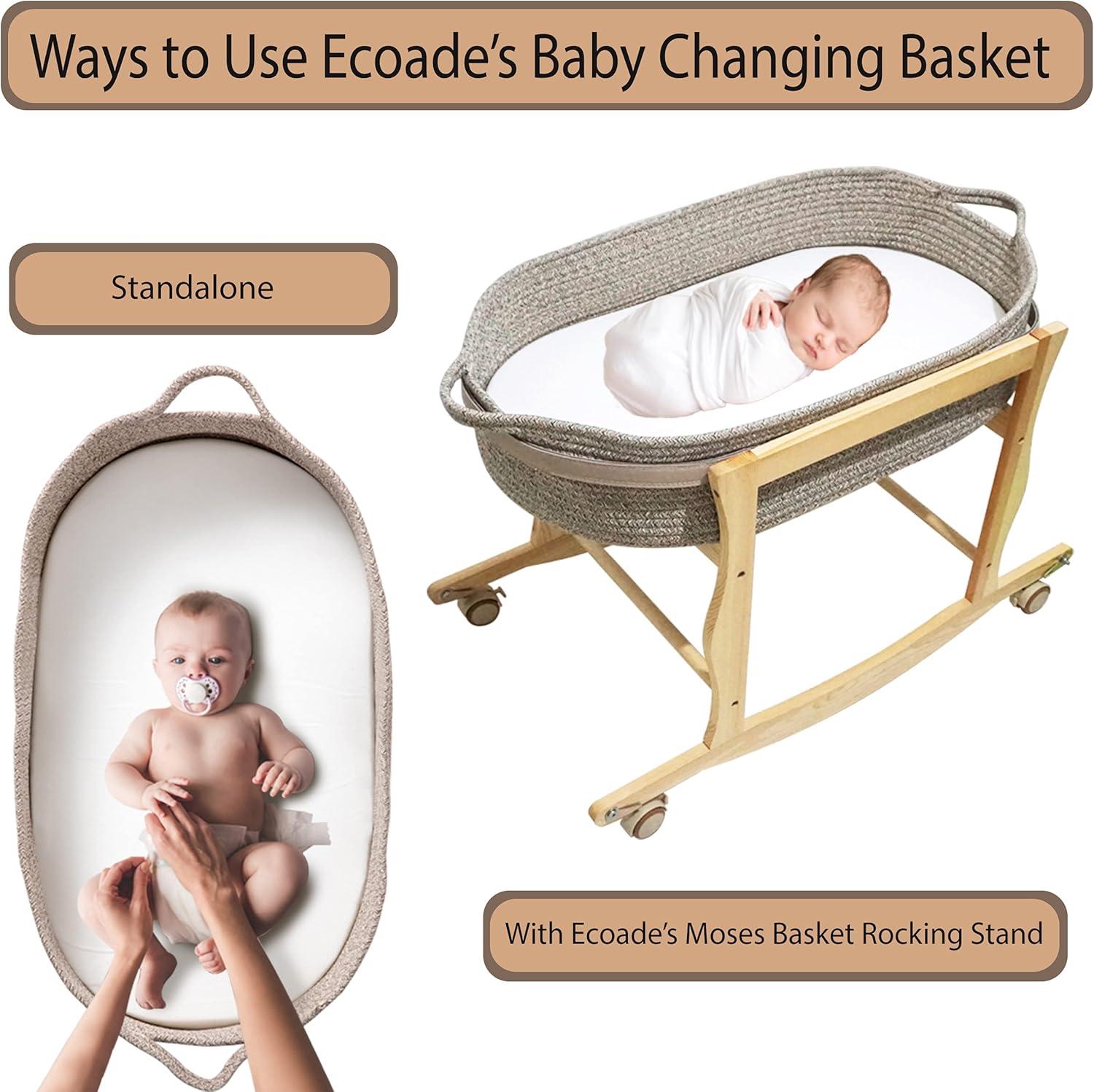Baby Changing Basket - Moses Basket Changing Table Topper and Thick Foam Pad with Removable Cotton Mattress Cover, 100% Cotton Boho Nursery Decor in Coffee Color with Storage Bag