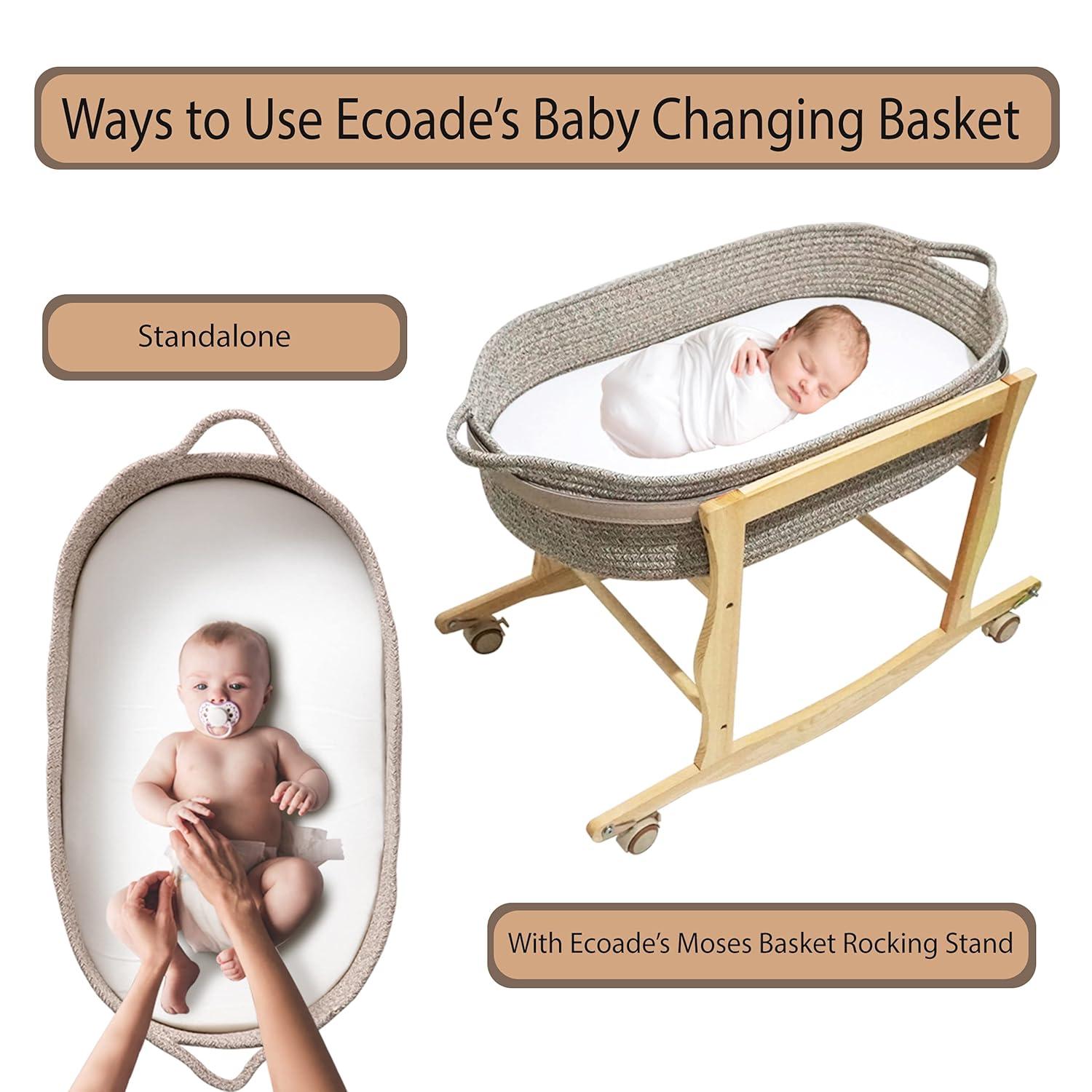 Baby Changing Basket - Moses Basket Changing Table Topper and Thick Foam Pad with Removable Cotton Mattress Cover, 100% Cotton Boho Nursery Decor in Coffee Color with Storage Bag