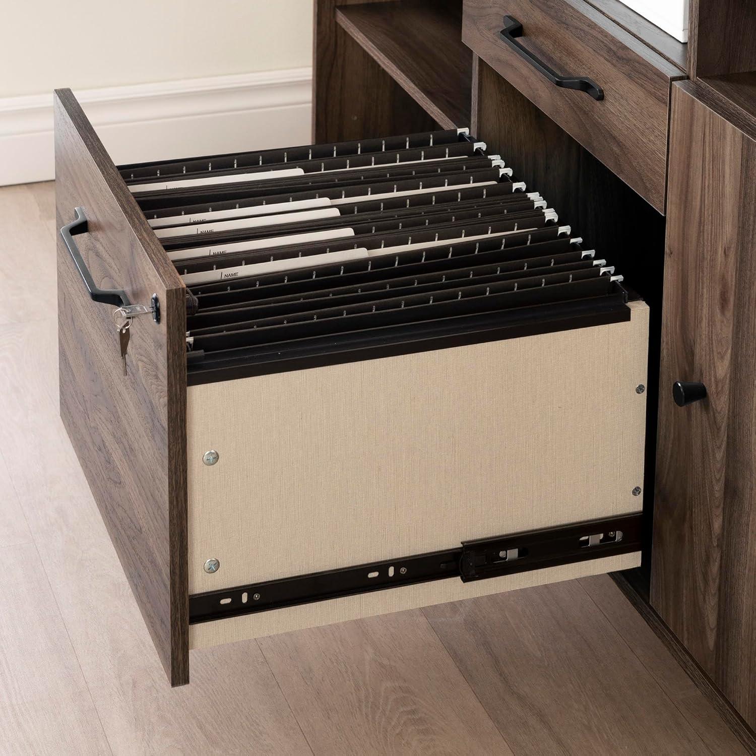 Natural Walnut L-Shaped Executive Desk with Hutch and Power Outlet