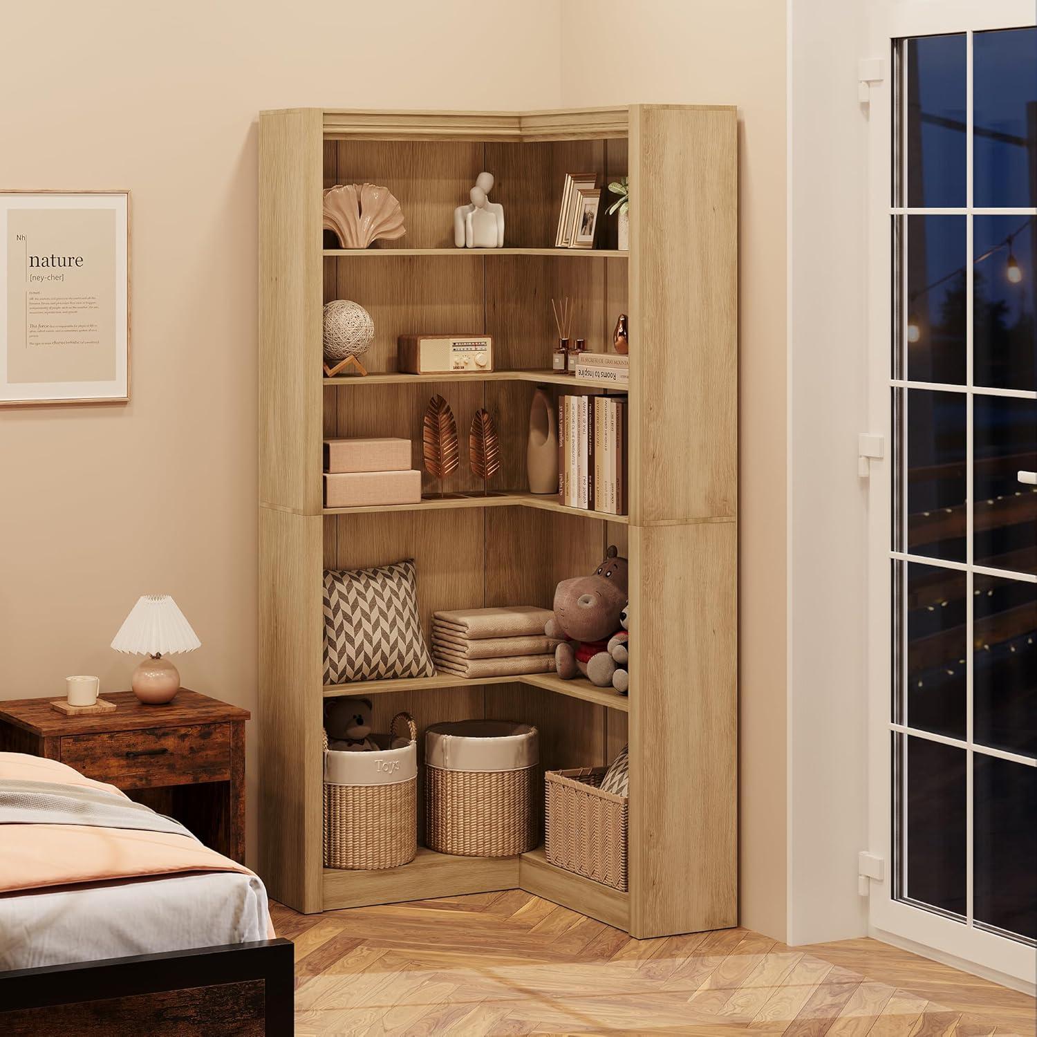 71.8" Gray Farmhouse Bookcase, L-Shaped Corner Bookshelf with 5-Tier Storage, Heavy Duty Shelf for Living Spaces