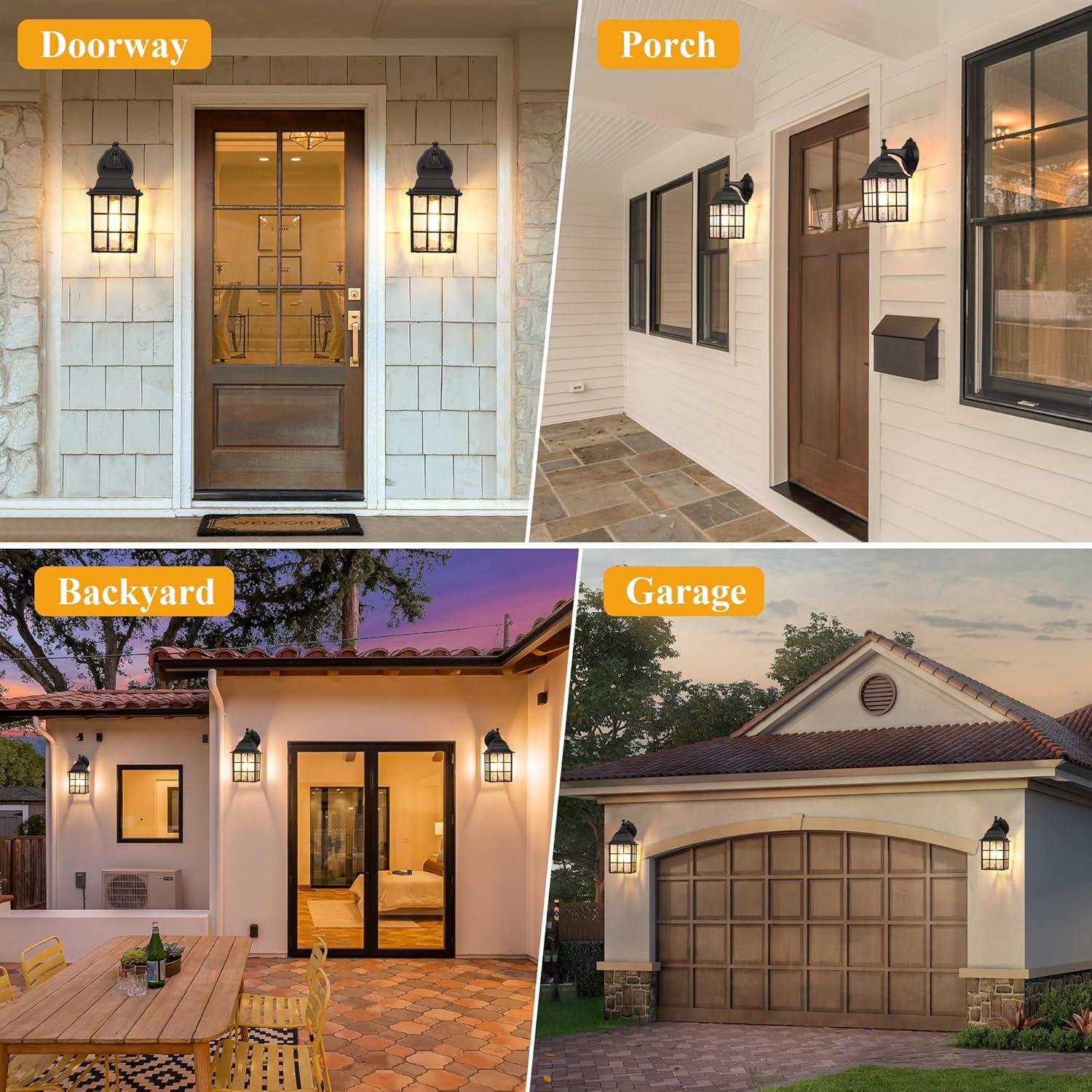 RIZPET 2-Pack Dusk To Dawn Outdoor Wall Lights, Sensor Exterior Light Fixtures Wall Mount, Porch Lights, Black Wall Lantern Wall Lamp, Waterproof Wall Sconce, Outside Lighting For Garage, Front Door (Set of 2)