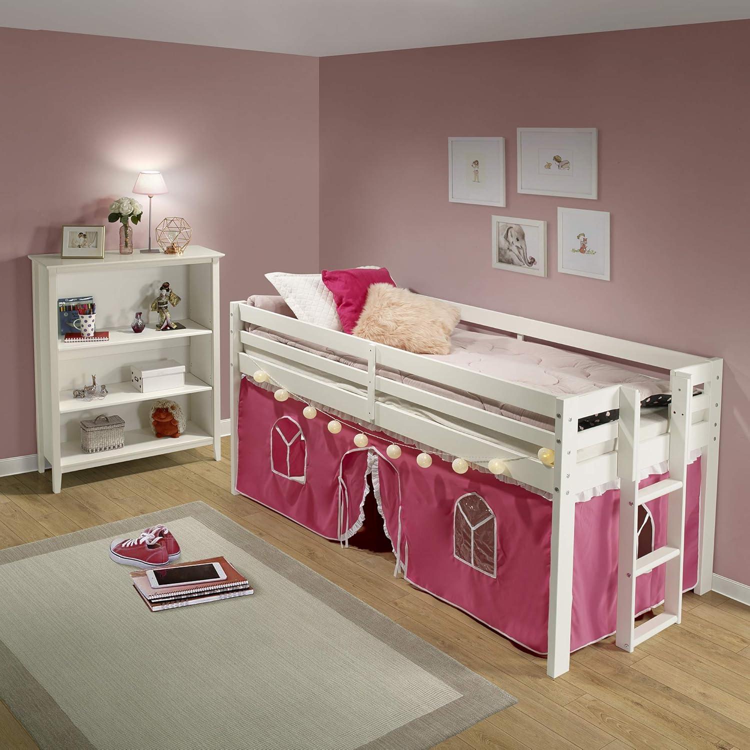 White Twin Pine Loft Bed with Pink Playhouse Tent