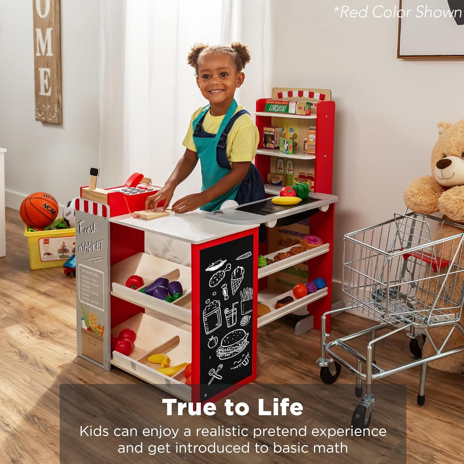 Best Choice Products Kids Pretend Play Grocery Store Wooden Supermarket Set w/ Chalkboard, Cash Register - Natural