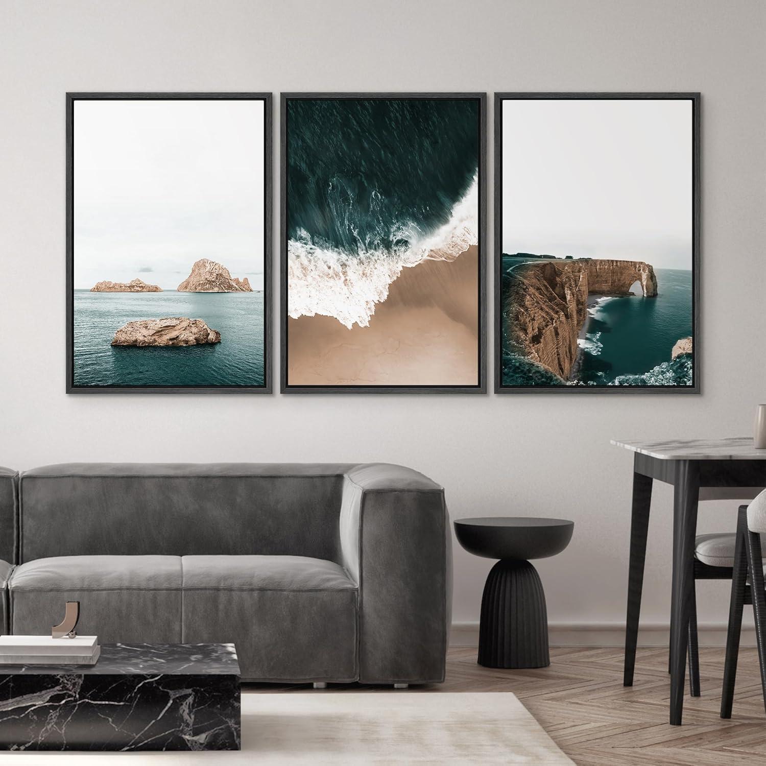 36" x 24" Black Framed Blue Ocean Canvas Print Set