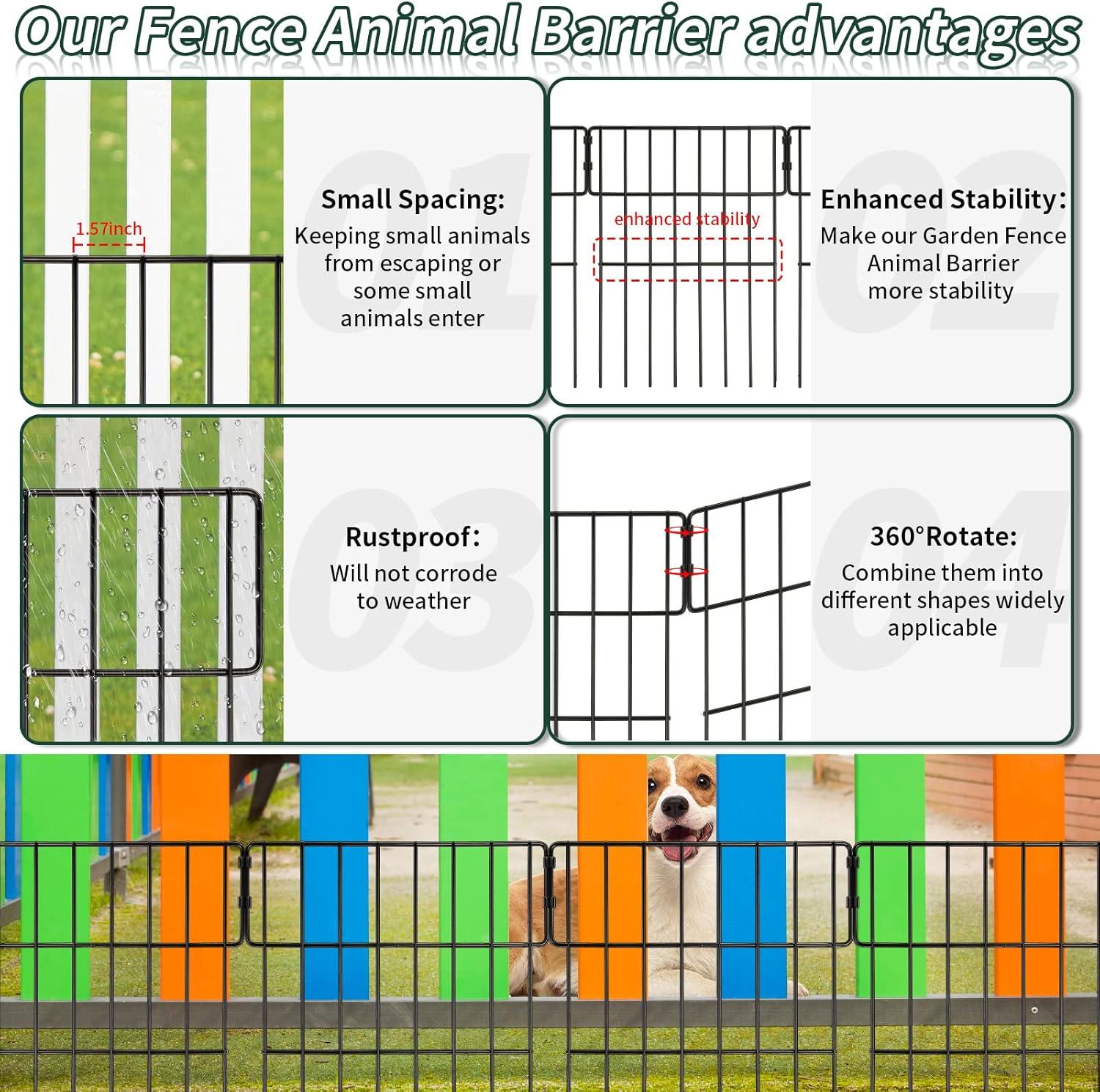 25 Pack Garden Animal Barrier Fence, 1.65inch Spike Spacing No Dig Fence, Reusable Rustproof Metal Fence Border, Dogs Rabbits Blocker Fence for Outdoor Yard, Total 27ft(L) x 17inch(H)