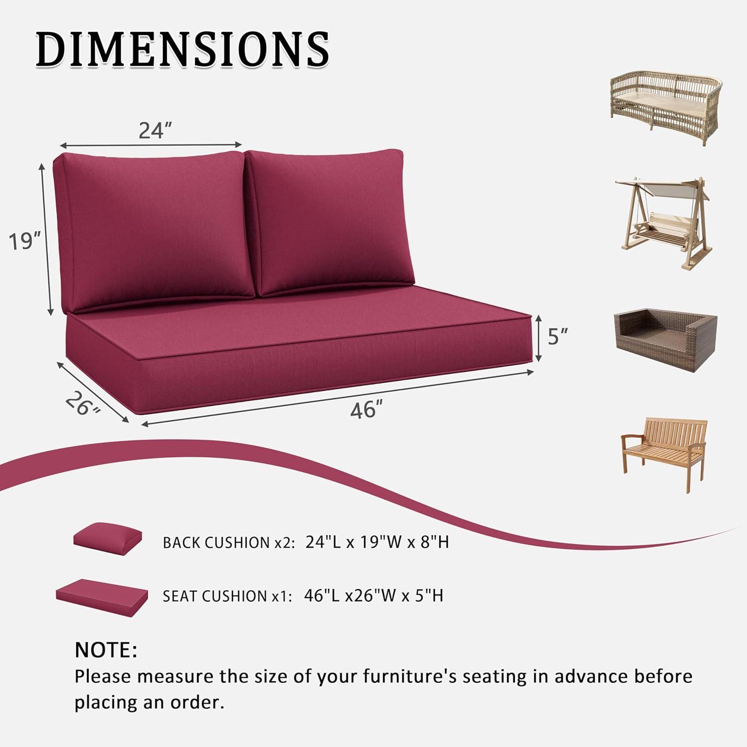 Outdoor Loveseat Cushion Set 46 X 26 Inch Water Repellent & Fadeness Patio Furniture Cushions,Removable Outdoor Couch Cushions with Hidden Zipper & Adjustment Staps for Couch, Bench, and Swing