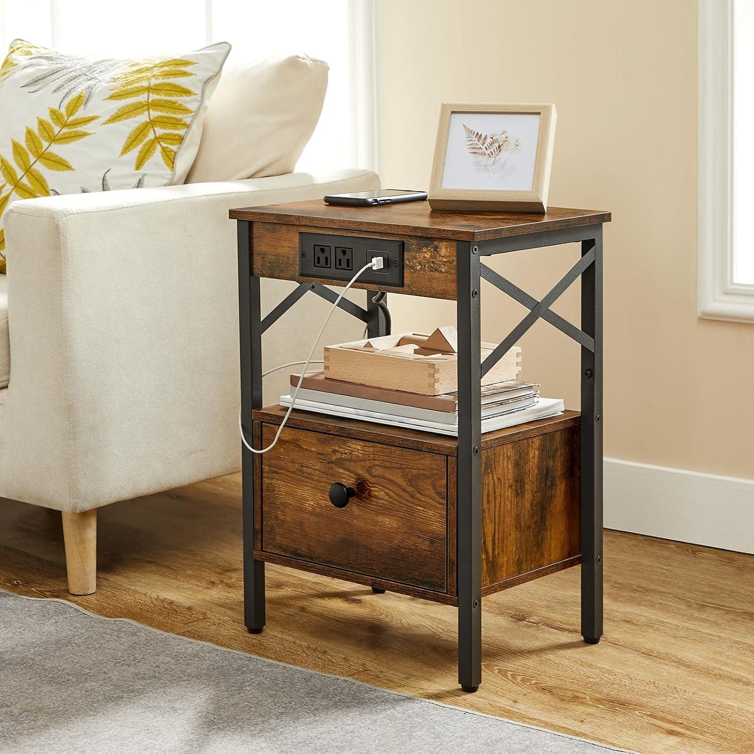 HOOBRO End Table with Charging Station, Narrow Side Table with 2 Drawer & USB Ports & Power Outlets, Nightstand for Small Spaces, for Living Room, Bedroom, Rustic Brown and Black BF541BZ01