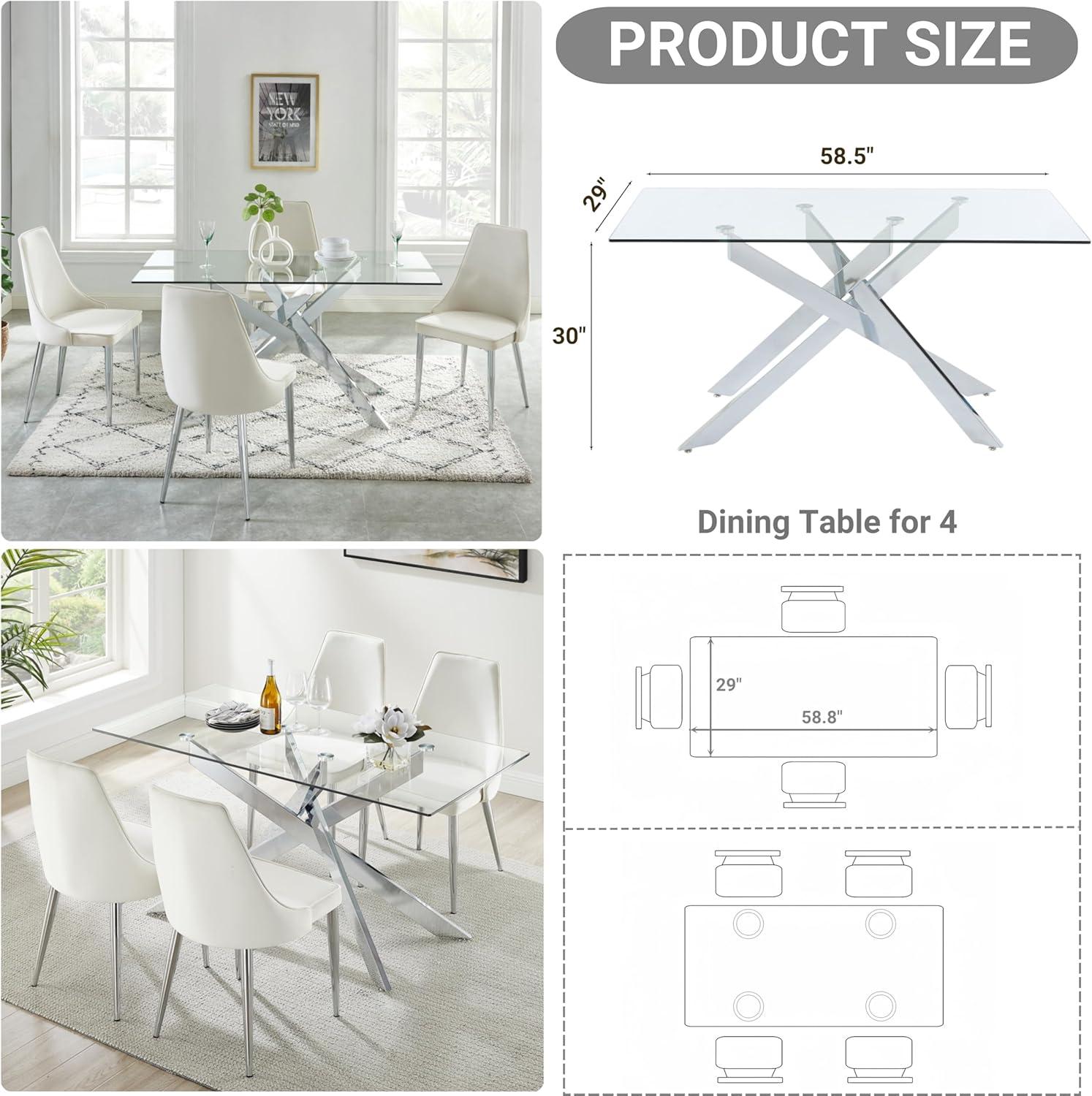 Silver Glass Rectangle Dining Table with Chrome Cross Legs