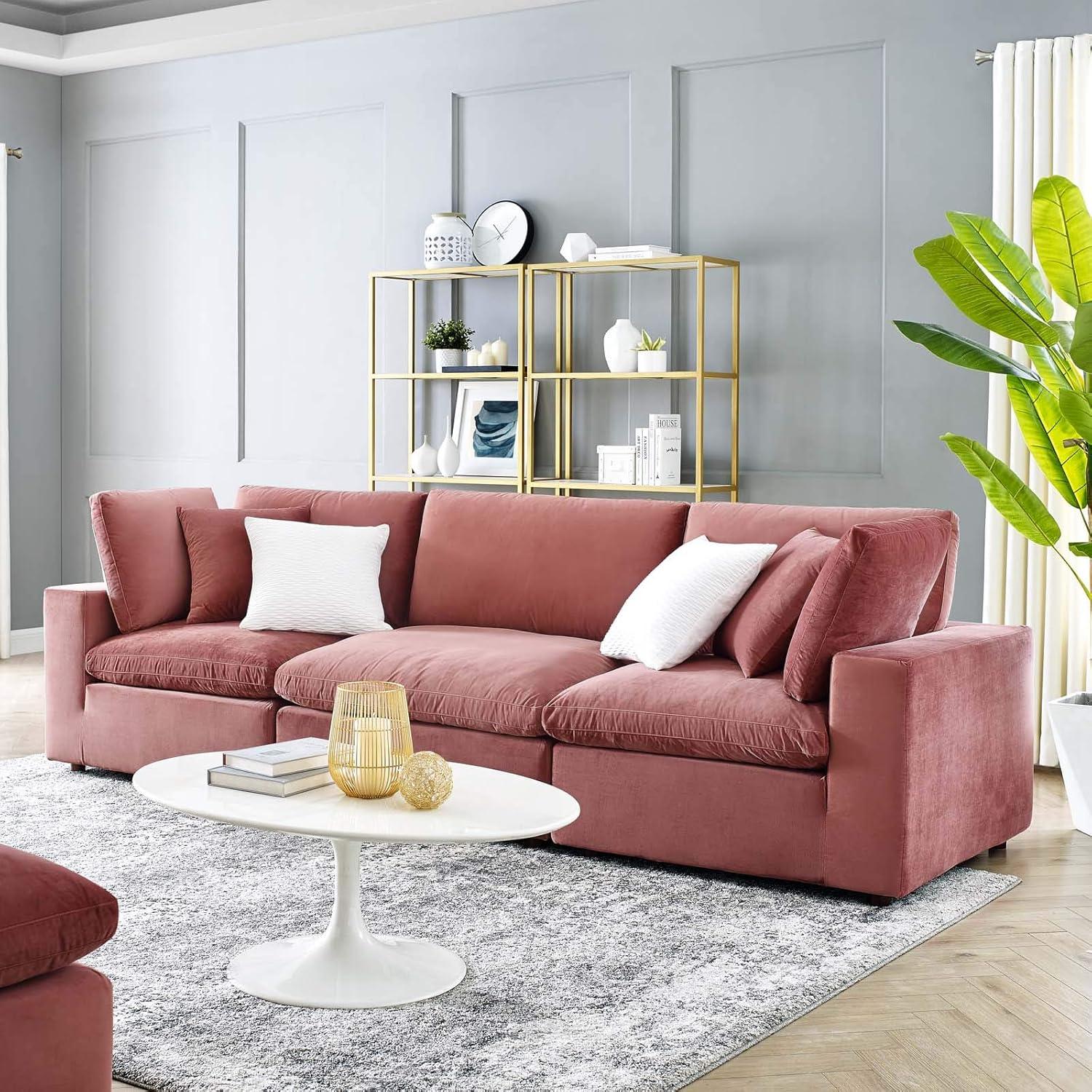 Dusty Rose Velvet Three-Piece Lawson Sofa with Down Fill Cushions