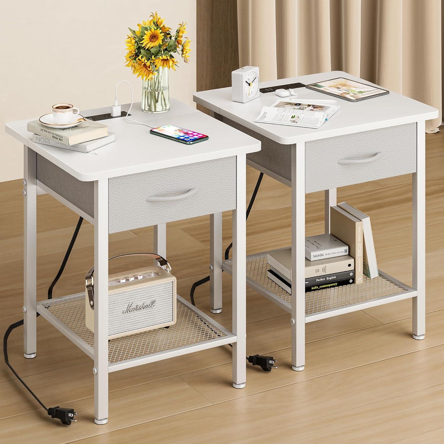 17 Stories Nightstands Set Of 2 With Charging Station And Fabric Storage Drawer,16.5" X 15.8" Side Table With Storage For Bedroom, Bedside Tables With Steel Fram