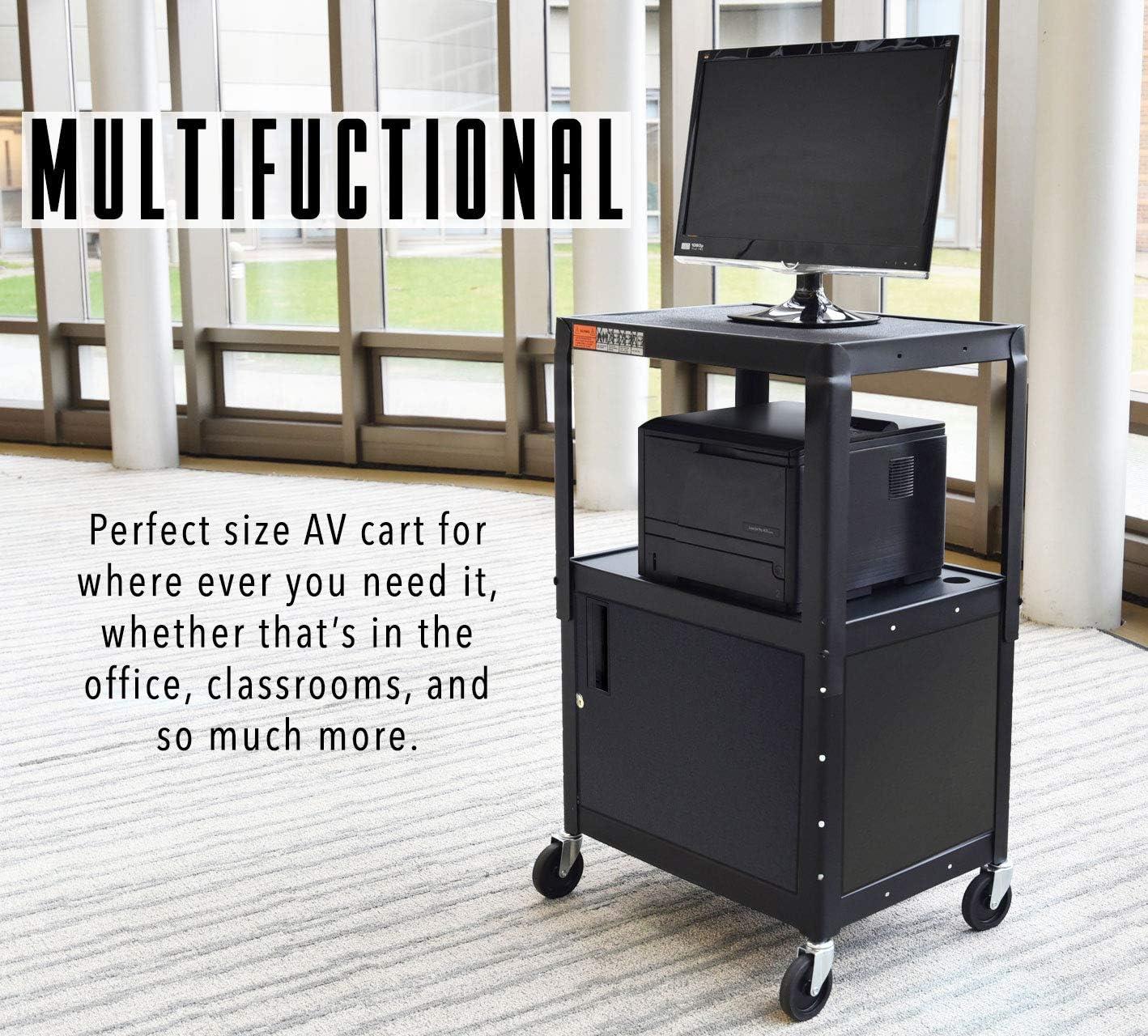 Black Adjustable Metal Utility Cart with Locking Cabinet and Swivel Wheels