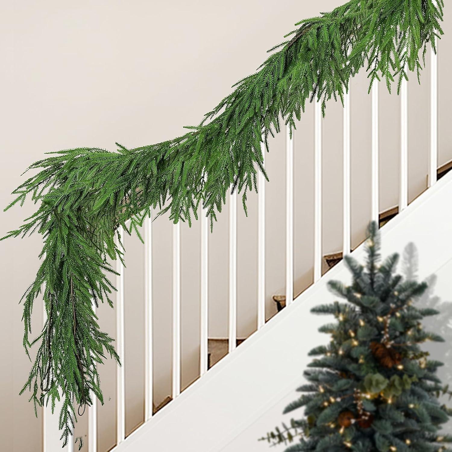 Seasonal Offers 2 Pcs Artificial Norfolk Pine Garlands, Real Touch Winter Pine Garland, Green Artificial Greenery Garland for Table, Mantle, Wall, Indoor, Outdoor Christmas Decorations (2, 6 FT)