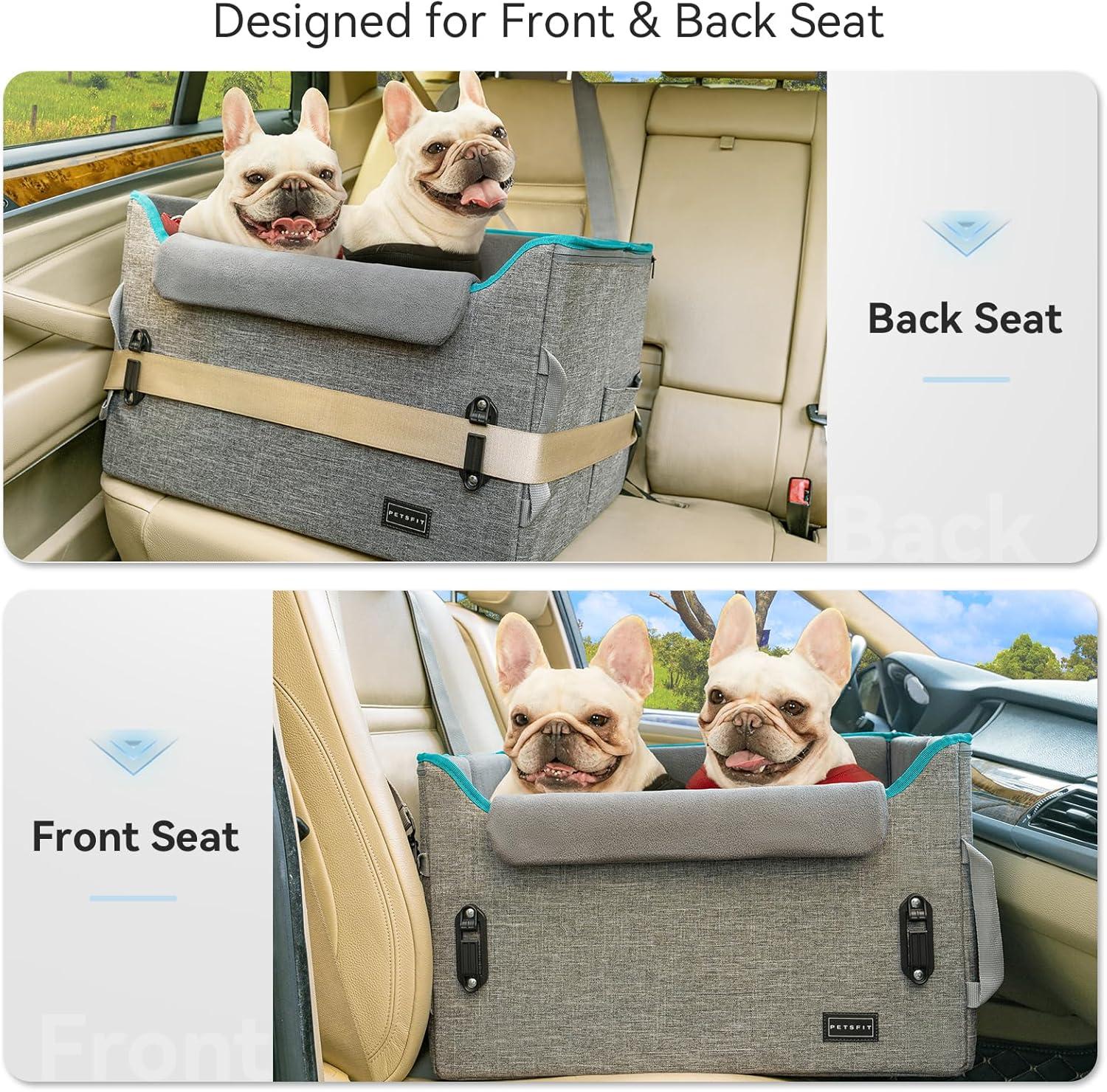 PETSFIT Dog Booster Car Seat, Dog Car Seat for Medium Dogs with 2 Clip-On Safety Leashes, Patented Buckles, Pet Car Seat with Big Pockets for Pets Under 45Lbs (Medium, Grey)