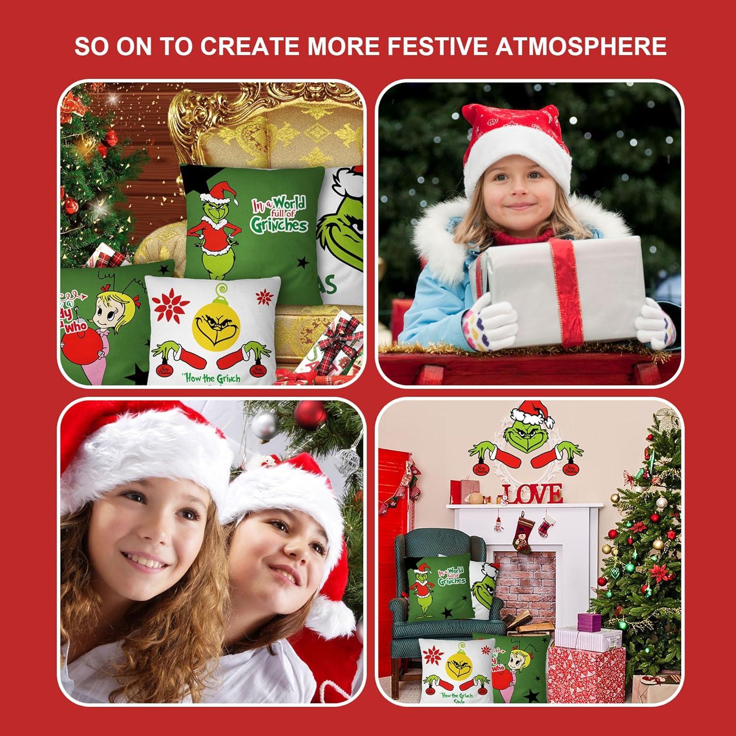 Christmas Grlnch Pillow Covers 18x18 Inch for Christmas Decorations Throw Pillow Case Green and Red Stripe Farmhouse Merry Winter Holiday Home Decor Sofa Cushion Set of 4