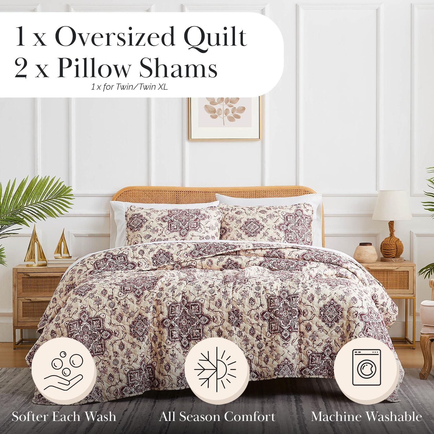 Southshore Fine Living Oversized Persia Lightweight 3-Piece Quilt Set Eggplant Full / Queen