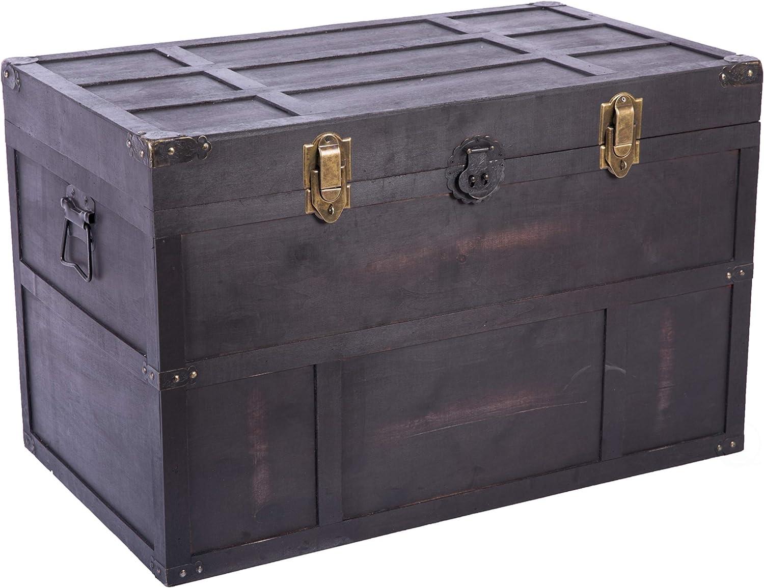 Vintiquewise Antique Style Large Dark Wooden Storage Trunk with Lockable Latch