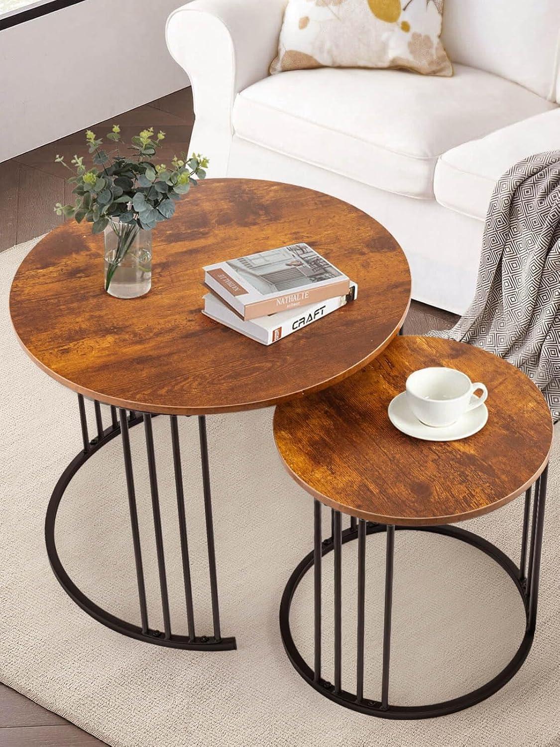 Rustic Brown Round Wood Nesting Coffee Table Set