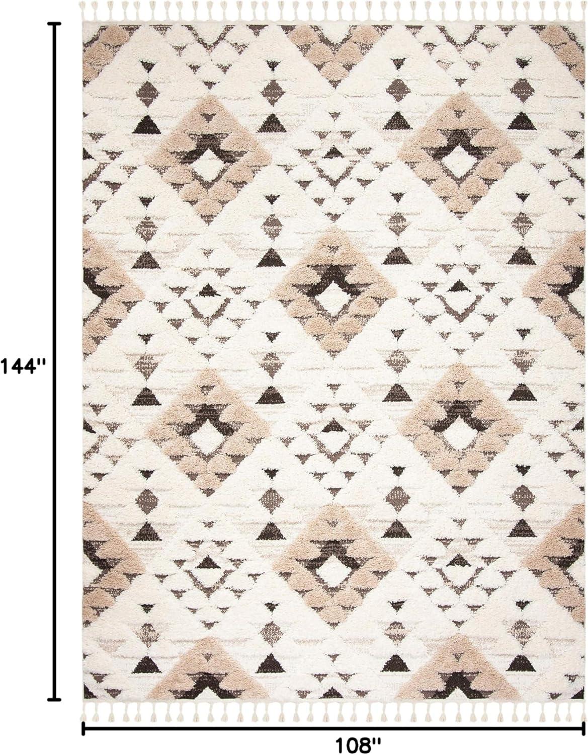 SAFAVIEH Moroccan Tassel Shag Larry Moroccan Geometric Area Rug, Ivory/Brown, 9' x 12'