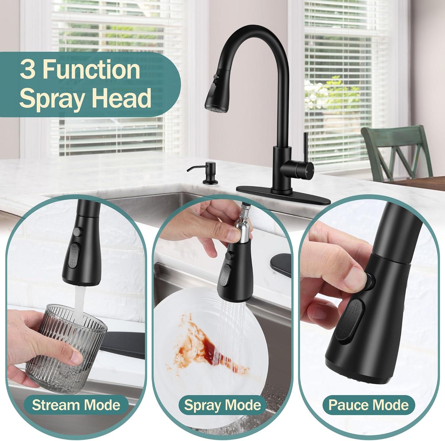 Matte Black Stainless Steel Pull-Down Kitchen Faucet with Soap Dispenser