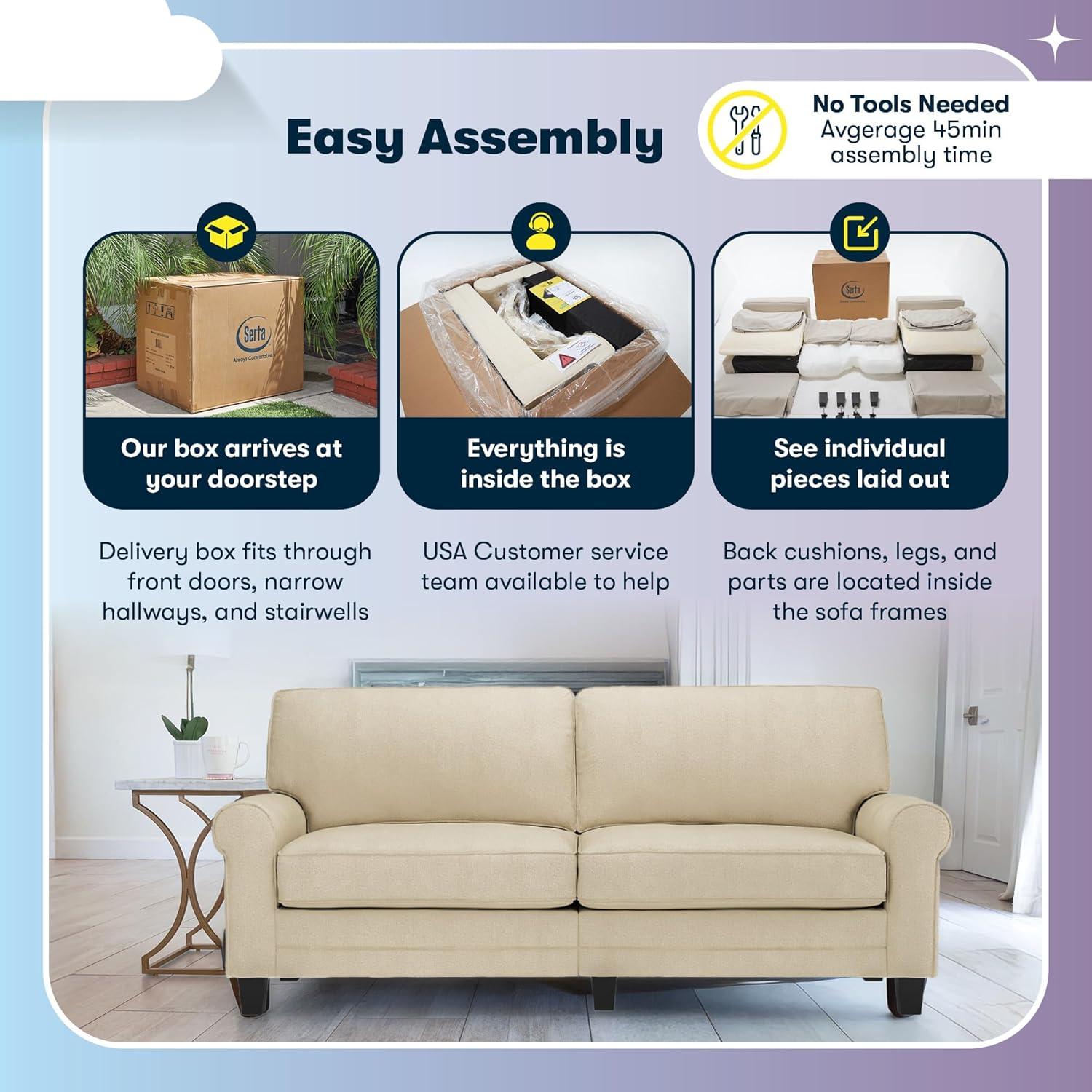 Serta Copenhagen 61" Rolled Arm Sofa, Easy Care Fabric, Soft Pillow Back, Pocket Coil Seat Cushions