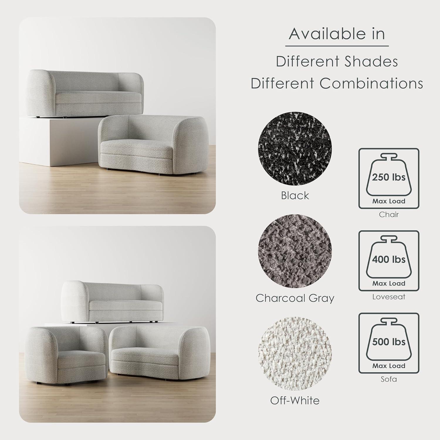 Off-White Boucle Fabric 3-Piece Sofa Set with Wooden Legs