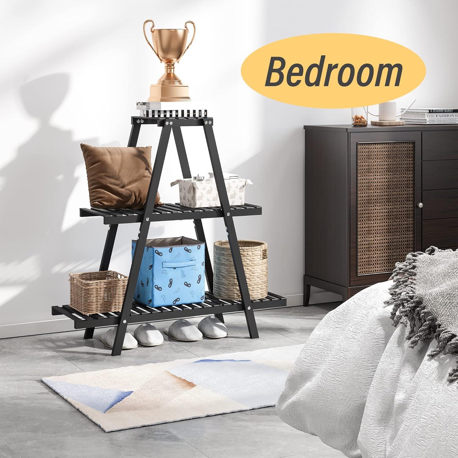 Bamboo Plant Stand Indoor/Outdoor, 3-Tier, Black, Rectangular, 8 Potted Flower Holder Ladder Plant Rack