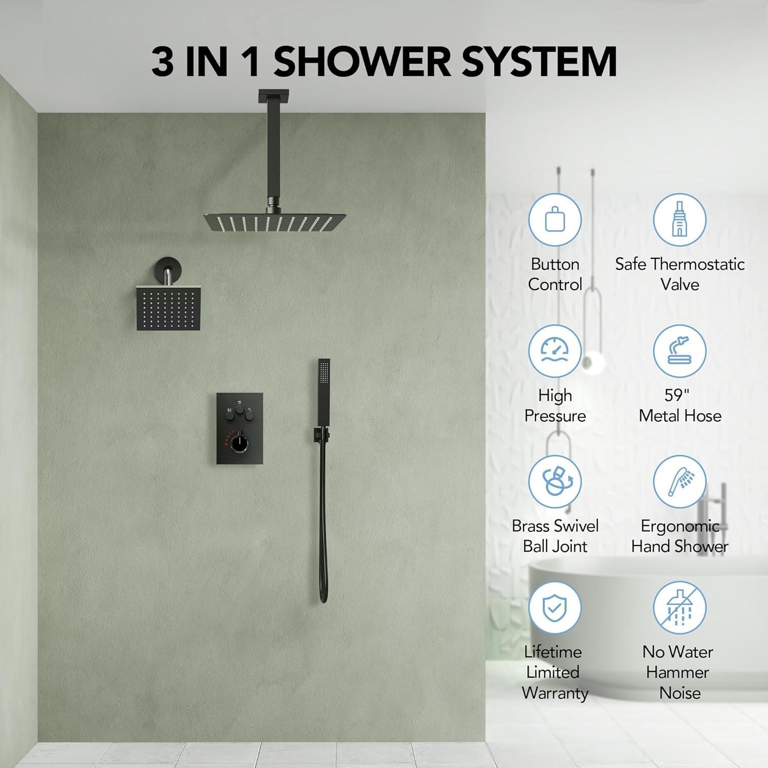 Thermostatic Shower Faucet 12" High-Pressure Dual Showerheads with Rough-In Valve